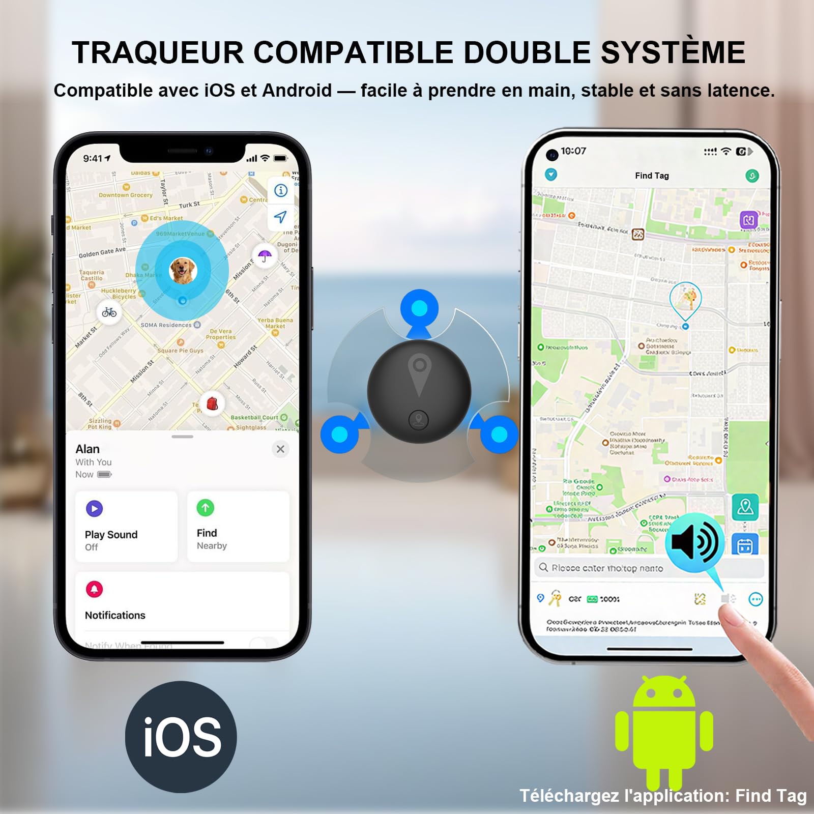 Traceur GPS Voiture,Magnétique Smart Tag Tracker,Traceur caché localisateur,Traceur sans Abonnement,Étanche IP67,Compatible avec iOS et Android,pour Véhicules/clés/Moto/Bagage/Enfant/Wallet