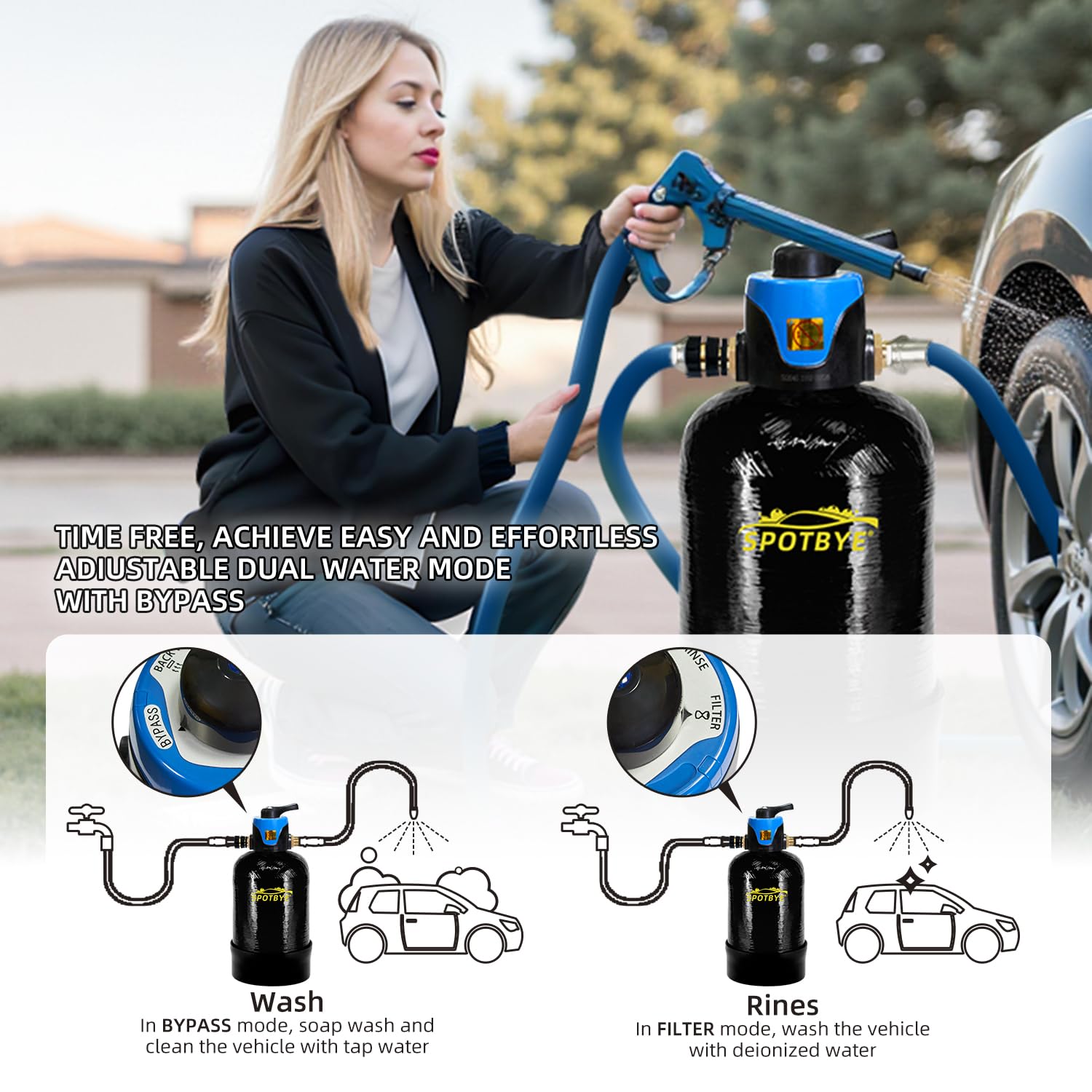 Filtro de agua para lavado de autos DI Autowaschwasserfilter 10 L con bypass Deionizado Sistema de lavado de autos DI sin manchas para auto, RV, vehículos, motocicletas, botes, sin manchas, sin secado