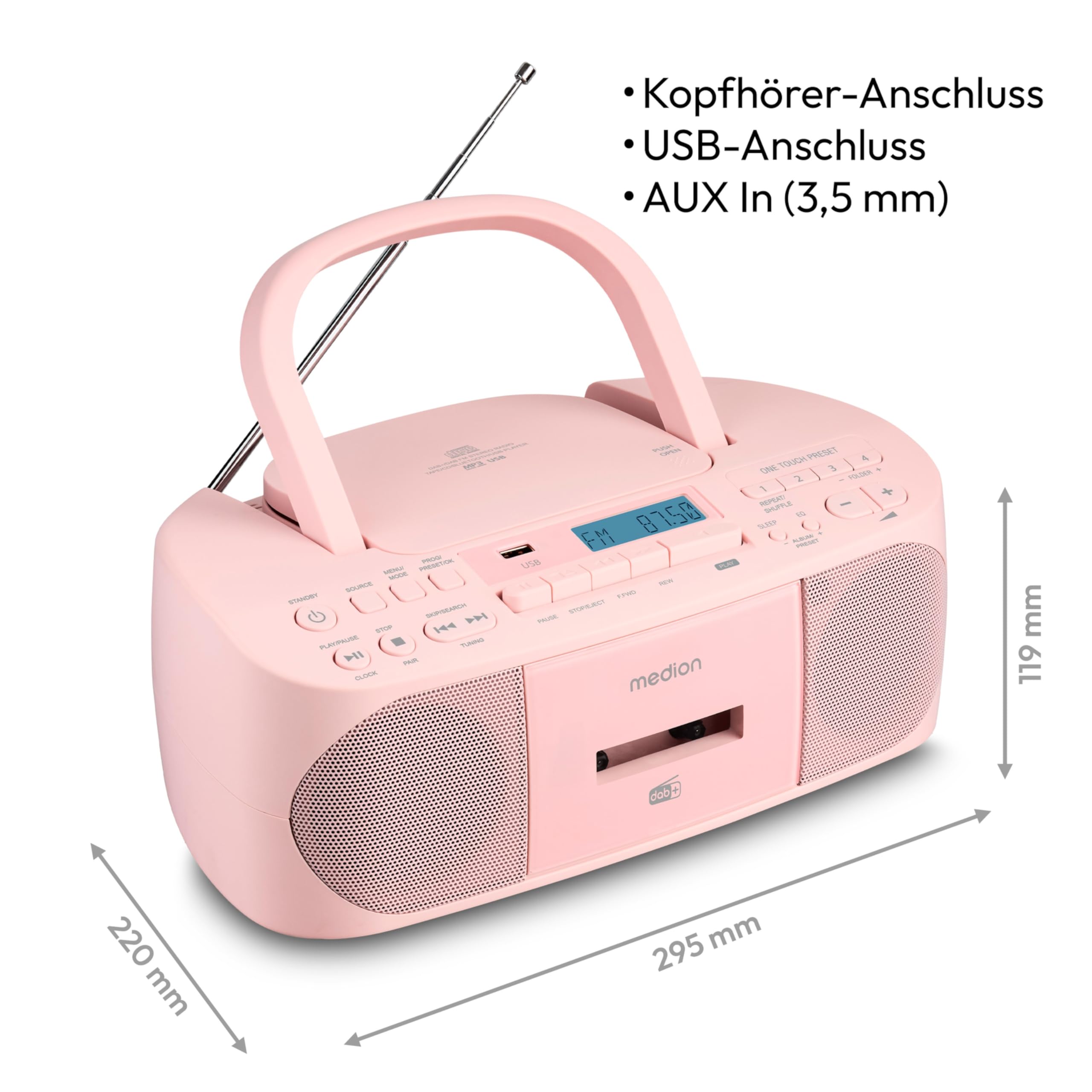 MEDION DRX-1 Plus Boombox (przenośne radio DAB+ FM, Bluetooth, odtwarzacz CD, MP3, kaseta, gniazdo słuchawkowe, system stereo Sound, AUX, sieć i bateria) różowy