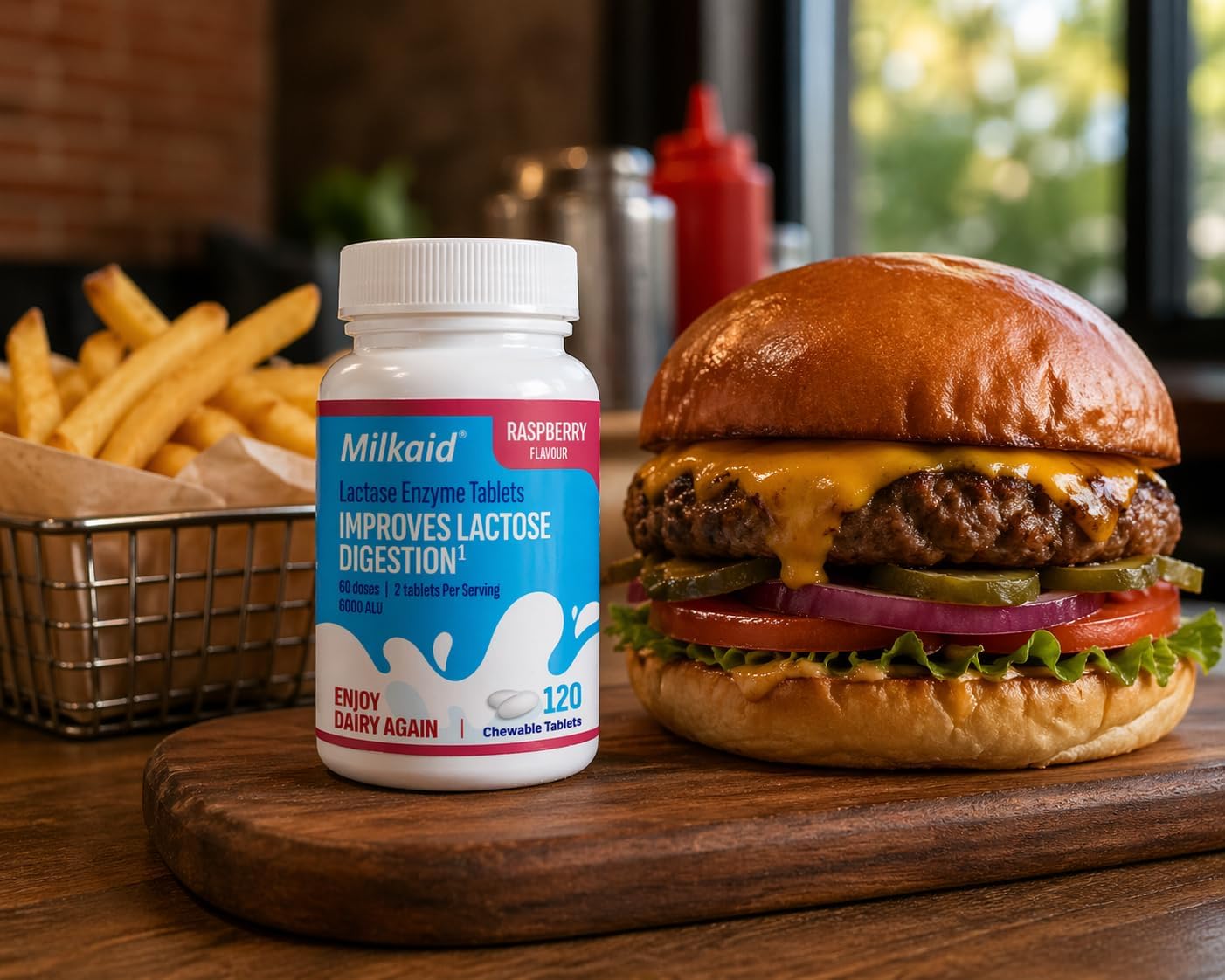 Milkaid Lactase Enzyme Chewable Tablets for Lactose Intolerance Relief | Prevents Gas, Bloating & Diarrhea | Fast Acting Dairy Digestive Supplement (4 x 120 Tablets, Raspberry)