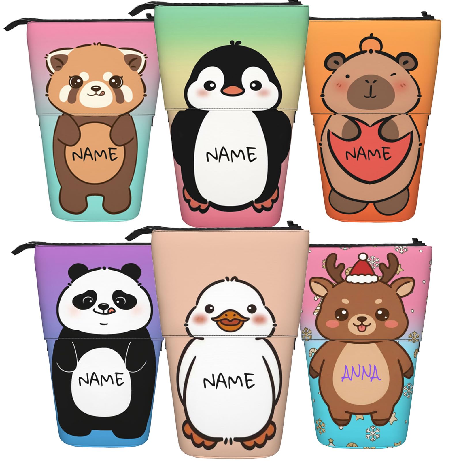 OMNRELM Personalised Standing Pencil Case, Custom Name Retractable Telescopic Pen Holder, Cute Kawaii Animal Canvas Stationery Pouch, Unique Back to School Gift for Boys & Girls (Red Panda)