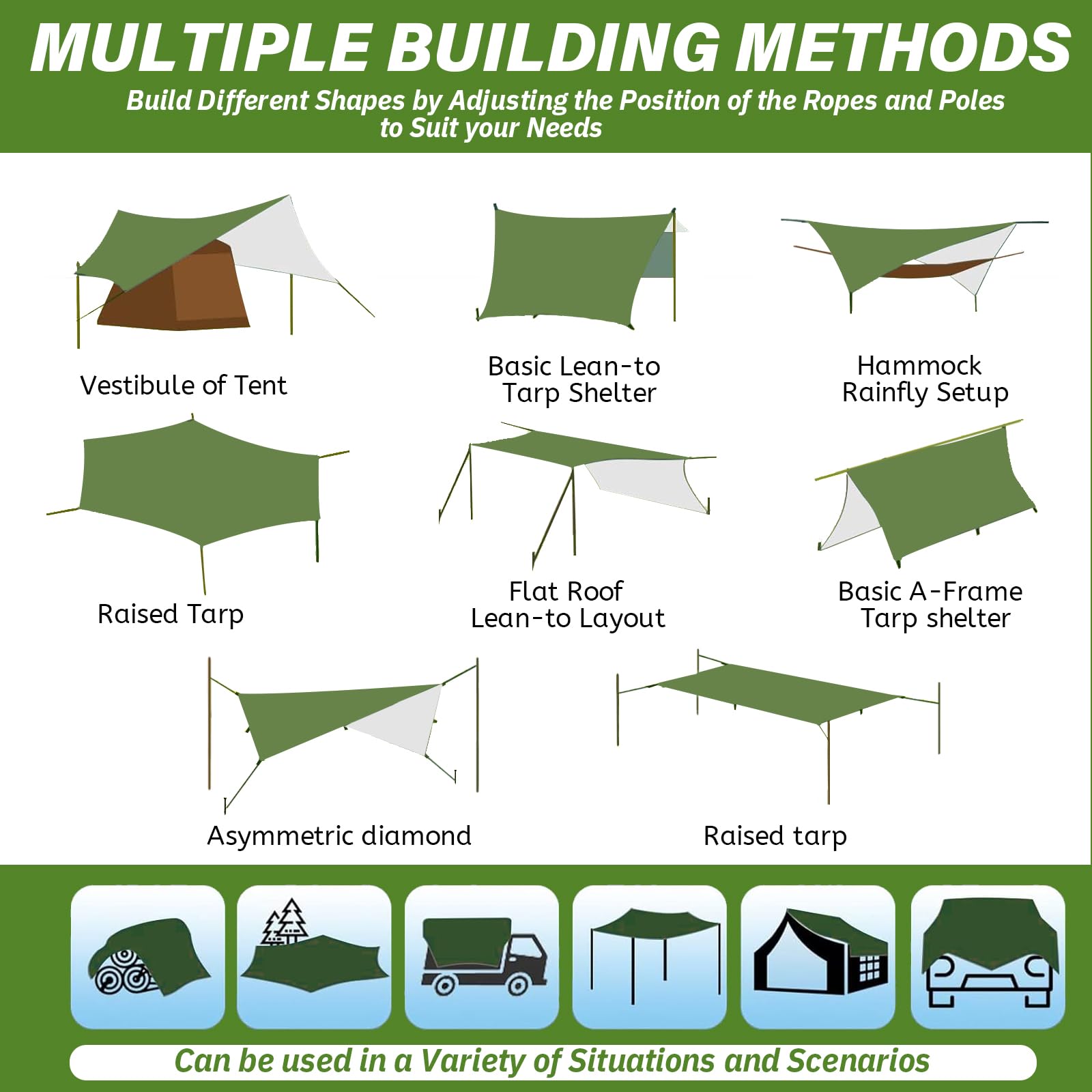 3x3M Camping Bâche, Bâche Anti-Pluie, Toile de Tente Imperméable Anti-UV, Léger Portable, avec Oeillets + Clou en Aluminium + Corde à Vent, Randonnée, Hamac, Extérieur