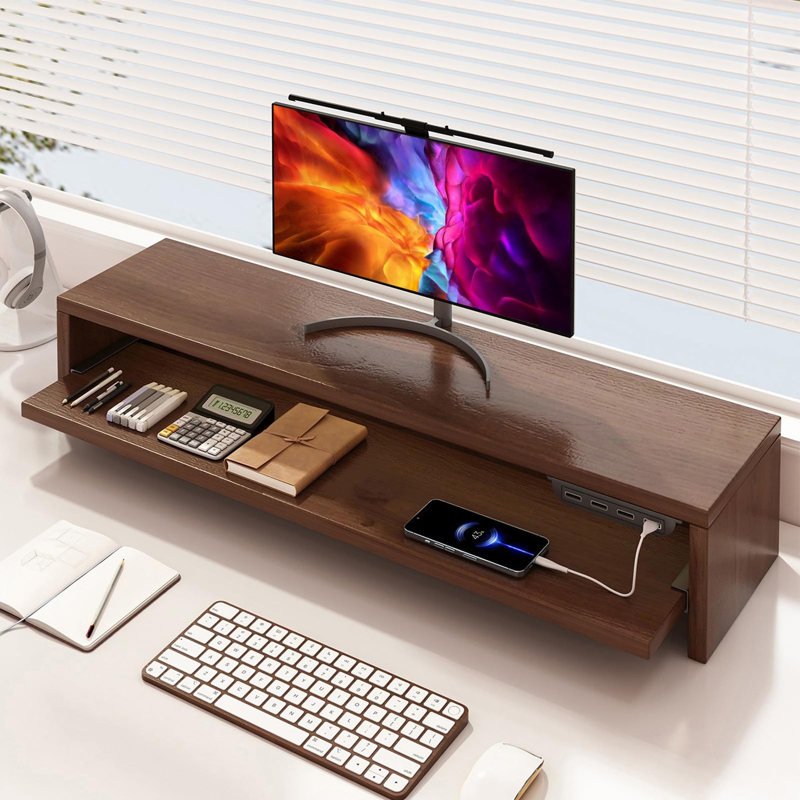 Fockety Podstawka Pod Monitor 2-poziomowy Organizer na Biurko z szufladą, Gniazdkami Prądu Zmiennego i Portem USB, Stojak na Monitor Komputerowy (Orzech Brązowy)