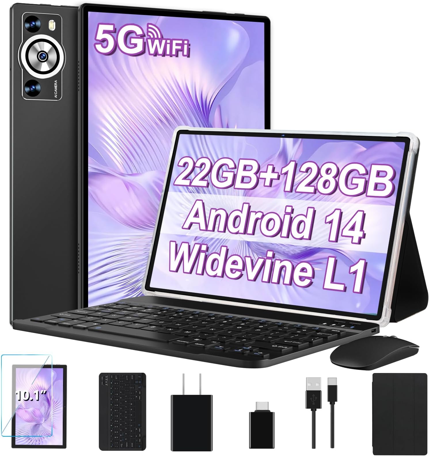 Android 14 Tablet 10.1 Inch 8000mAh Battery Tablets with 22GB RAM 128GB ROM 2TB Expand, Octa-Core HD Touchscreen Tablet with Keyboard, Mouse, Support Widevine L1, Split-Screen - Black