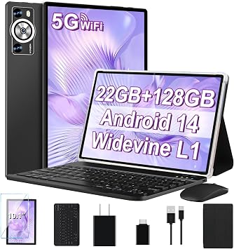 Android 14 Tablet 10.1 Inch 8000mAh Battery Tablets with 22GB RAM 128GB ROM 2TB Expand, Octa-Core HD Touchscreen Tablet with Keyboard, Mouse, Support Widevine L1, Split-Screen - Black