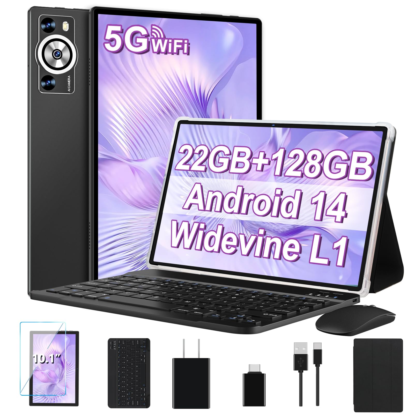 Android 14 Tablet 10.1 Inch 8000mAh Battery Tablets with 22GB RAM 128GB ROM 1TB Expand, Octa-Core HD Touchscreen Tablet with Keyboard, Mouse, Support Widevine L1, Split-Screen - Black