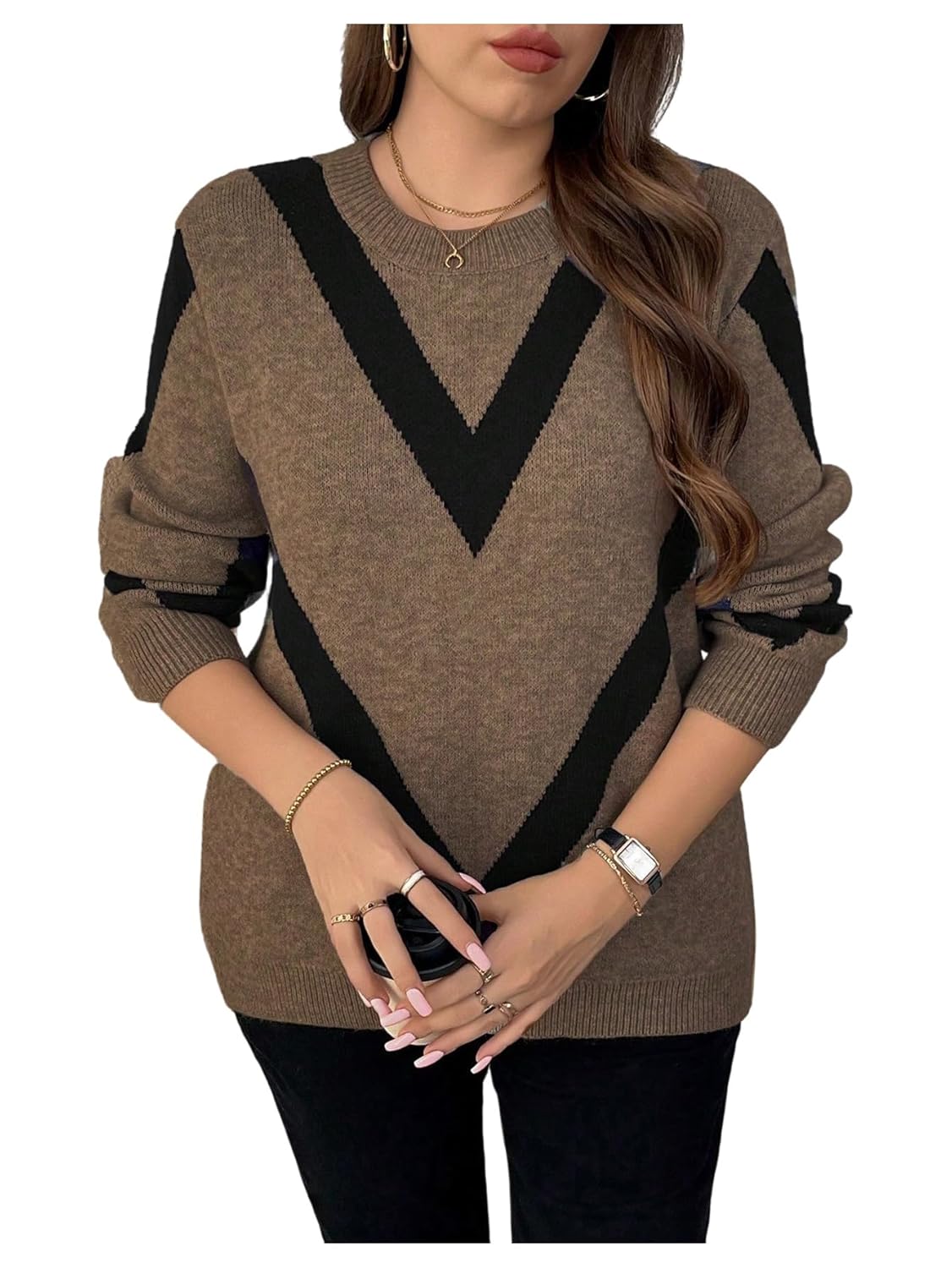 Womens Plus Size Graphic Chunky Sweater Crewneck Long Sleeve Loose Sweaters Fall Pullover Tops