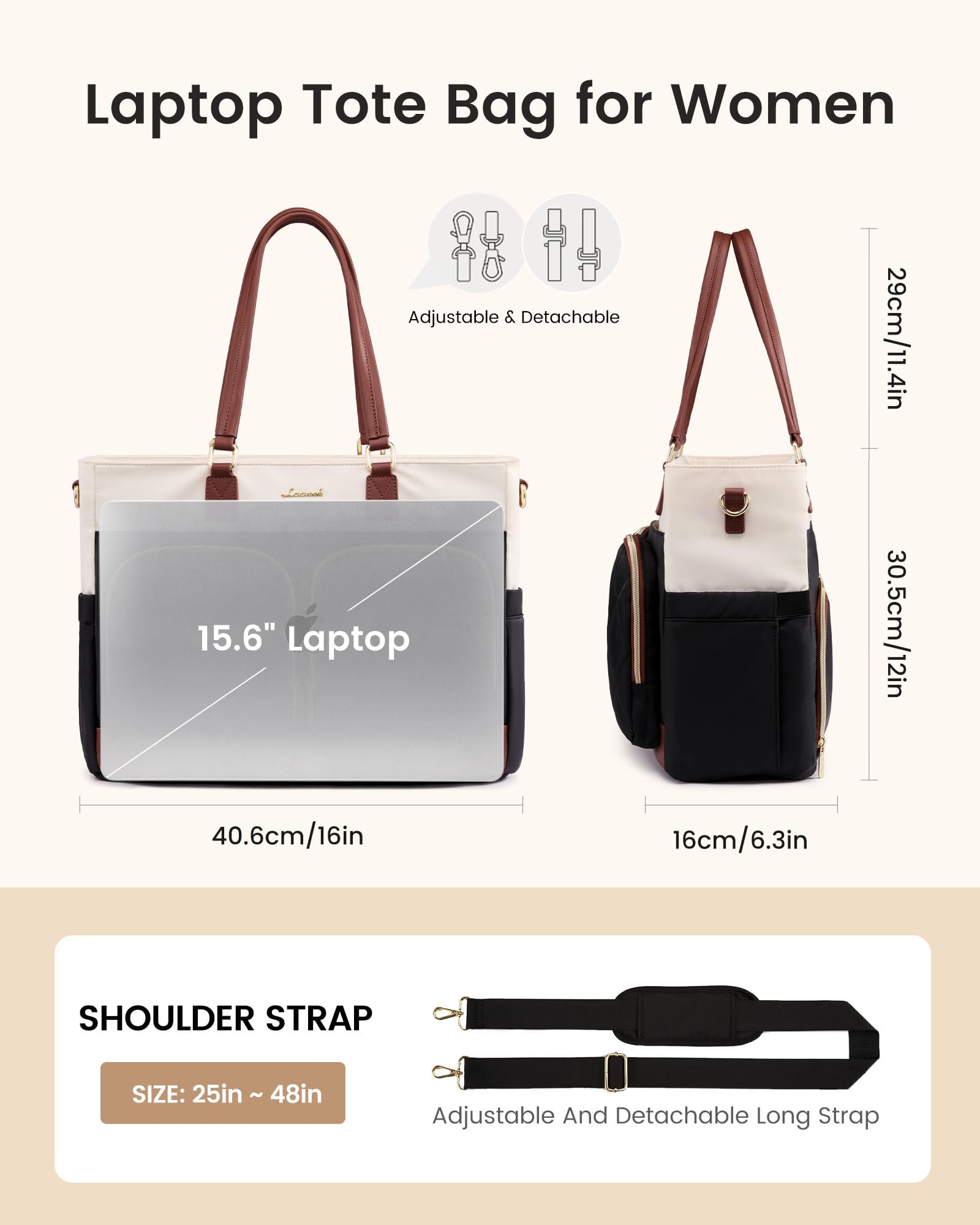 LOVEVOOK Elegancka torebka damska, duża, z izolowaną kieszenią chłodzącą, torba robocza, torba na laptopa o przekątnej ekranu 15,6", z wieloma przegródkami, torba nauczycielska, aktówka, torba na