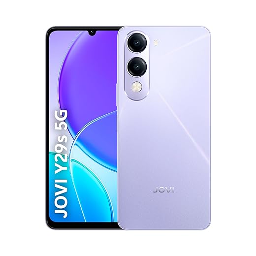 Smartphone JOVI Y29s 5G, 256GB, 8+8GB RAM Turbo, Dimensity 6300 2.4GHz, câmera dupla 50MP, tela 6,7" 90Hz, bateria 6000mAh com carregamento 44W, IP64, Android 15, Violeta Cristal