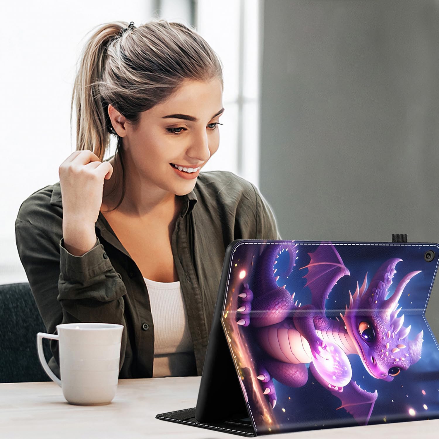 Case for All-New Amazon Fire HD 10 Tablet and Fire HD 10 Plus (13th/11th Generation 2023/2021 Release)， Auto Sleep/Wake Multi-Angle Viewing Slim Folio Stand Cover, Purple Dragon Baby