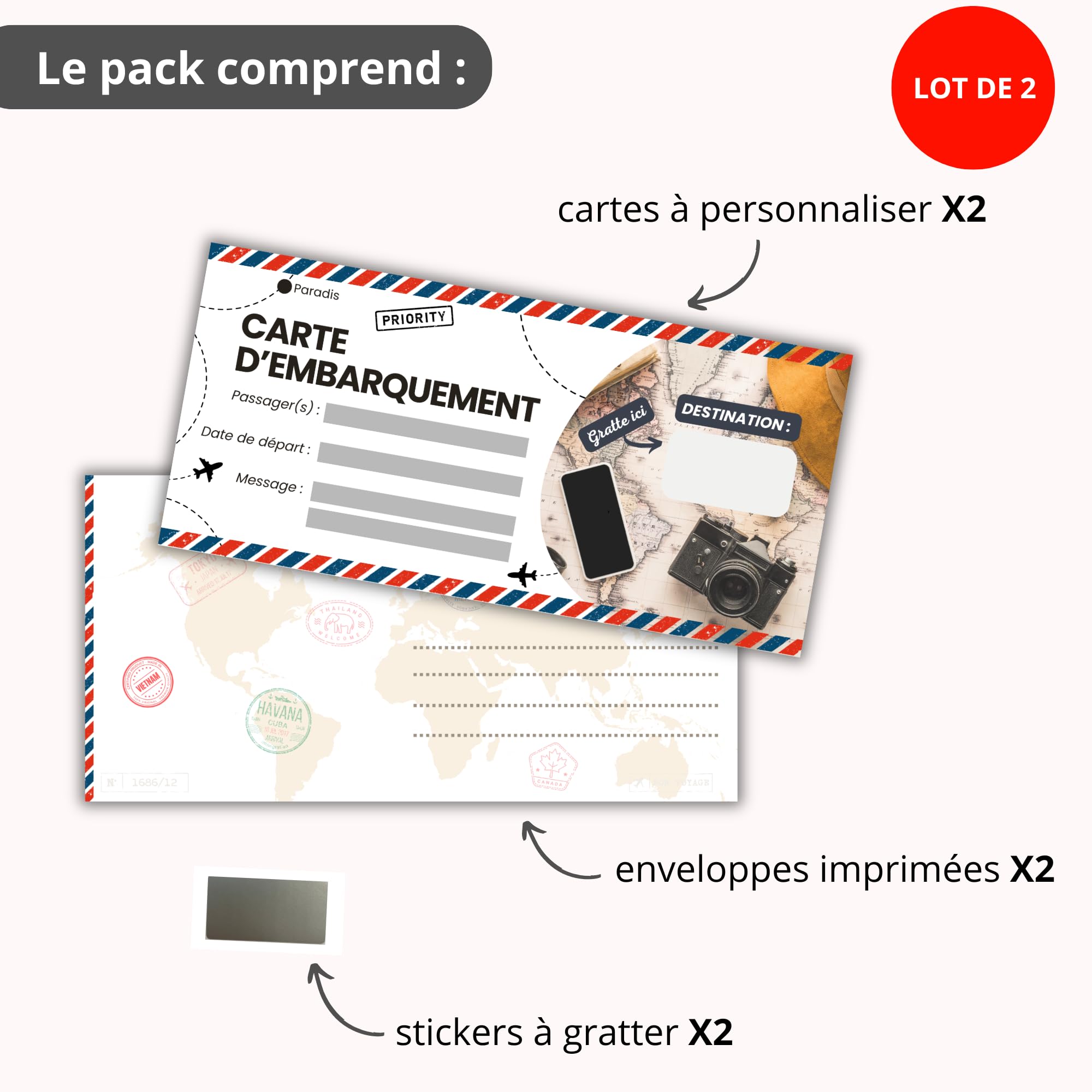 Carte à Gratter Voyage Surprise Personnalisable en Français - Billet d'Avion Annonce Cadeau Anniversaire Noël EVJF EVG - Pack de 2