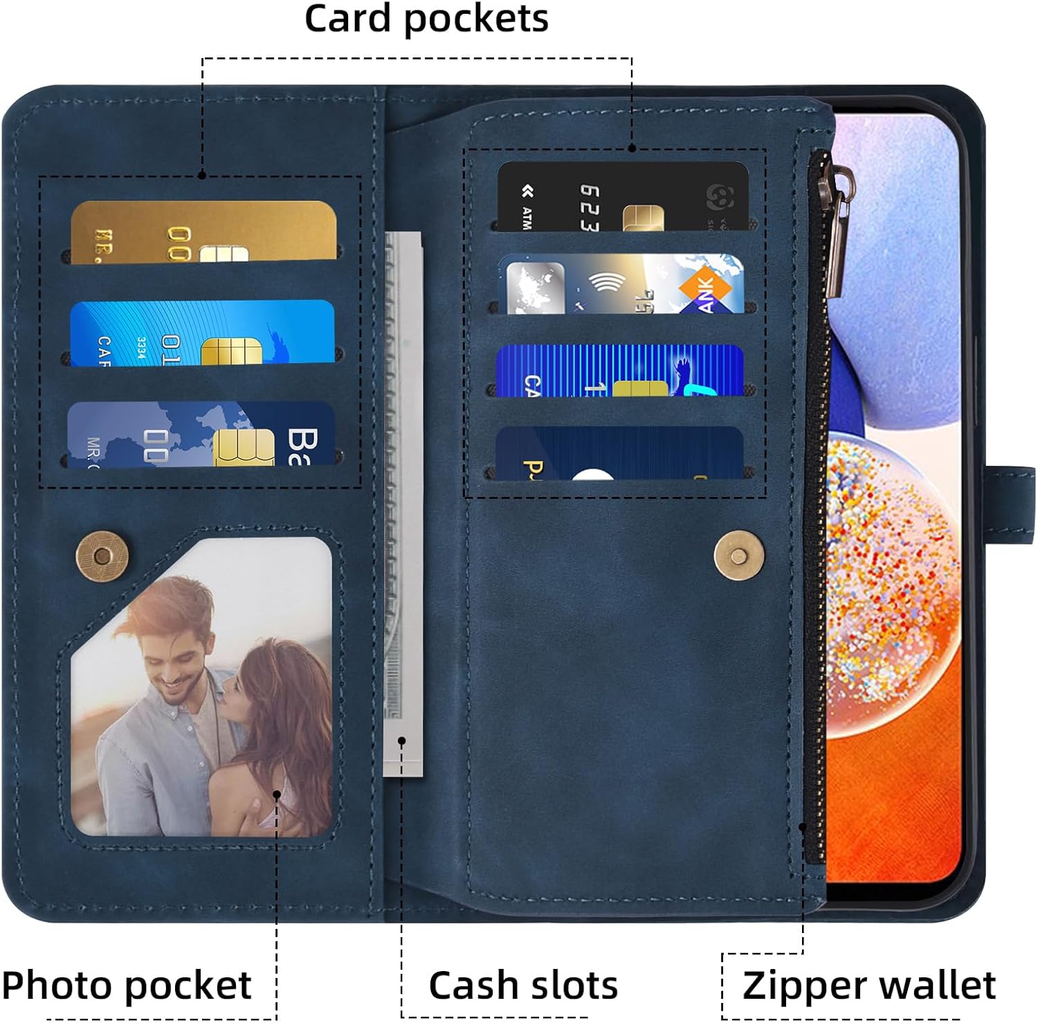 Phone Case for Samsung Galaxy A14/M14 5G Wallet Cover with Tempered Glass Screen Protector and Crossbody Wrist Strap Leather Flip Pattern Zipper Credit Card Holder Stand Cell A 14 4G 14A 14M G5 Blue