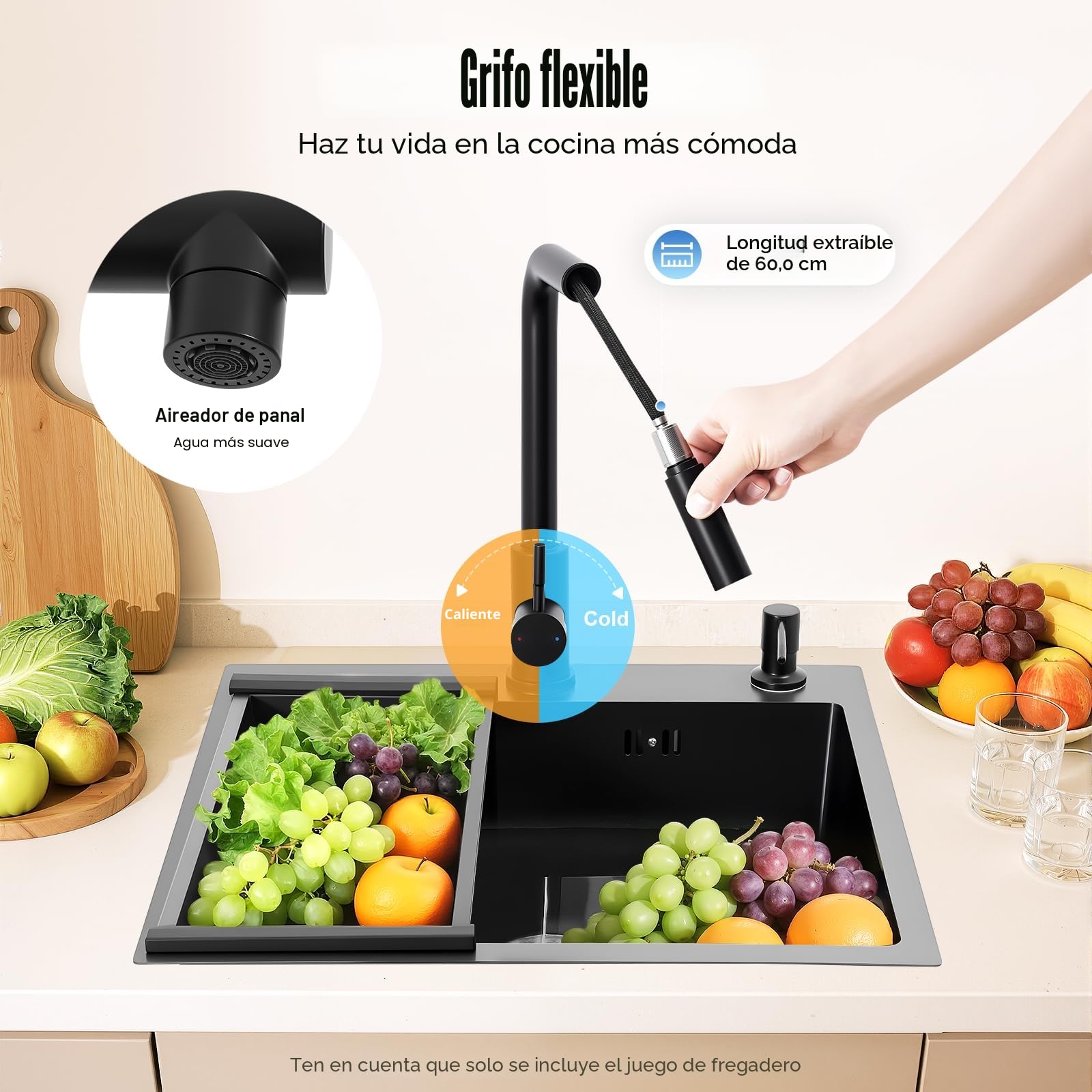 Fregadero de cocina de acero inoxidable de 50 x 45 cm, 1 lavabo, color negro con grifo extensible, con dispensador de jabón, cesta colador, tubo de desagüe