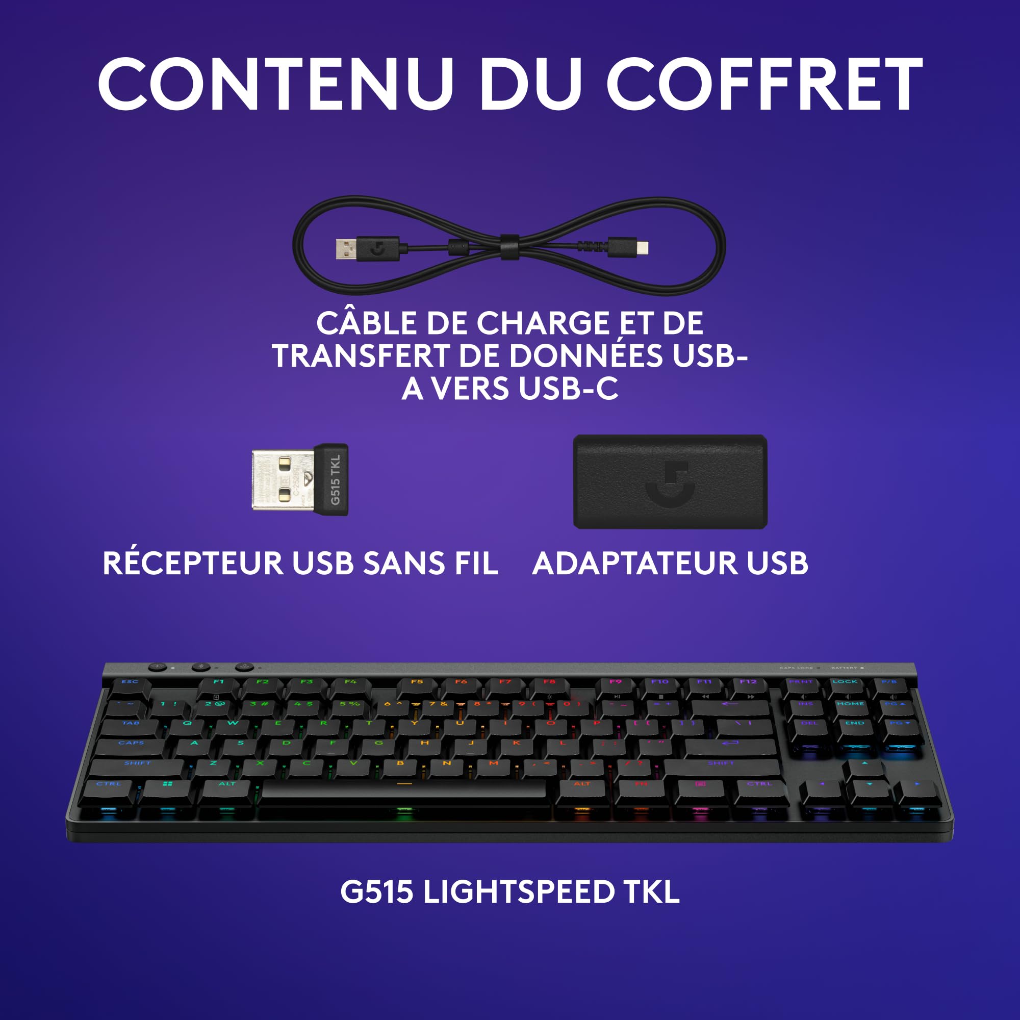 Logitech G G515 Lightspeed TKL profilé Clavier Gaming sans Fil, LIGHTSYNC RVB, Profil utra-Plat sans pavé numérique, Touches en PBT, Contacts mécaniques linéaires, Clavier Français AZERTY - Noir