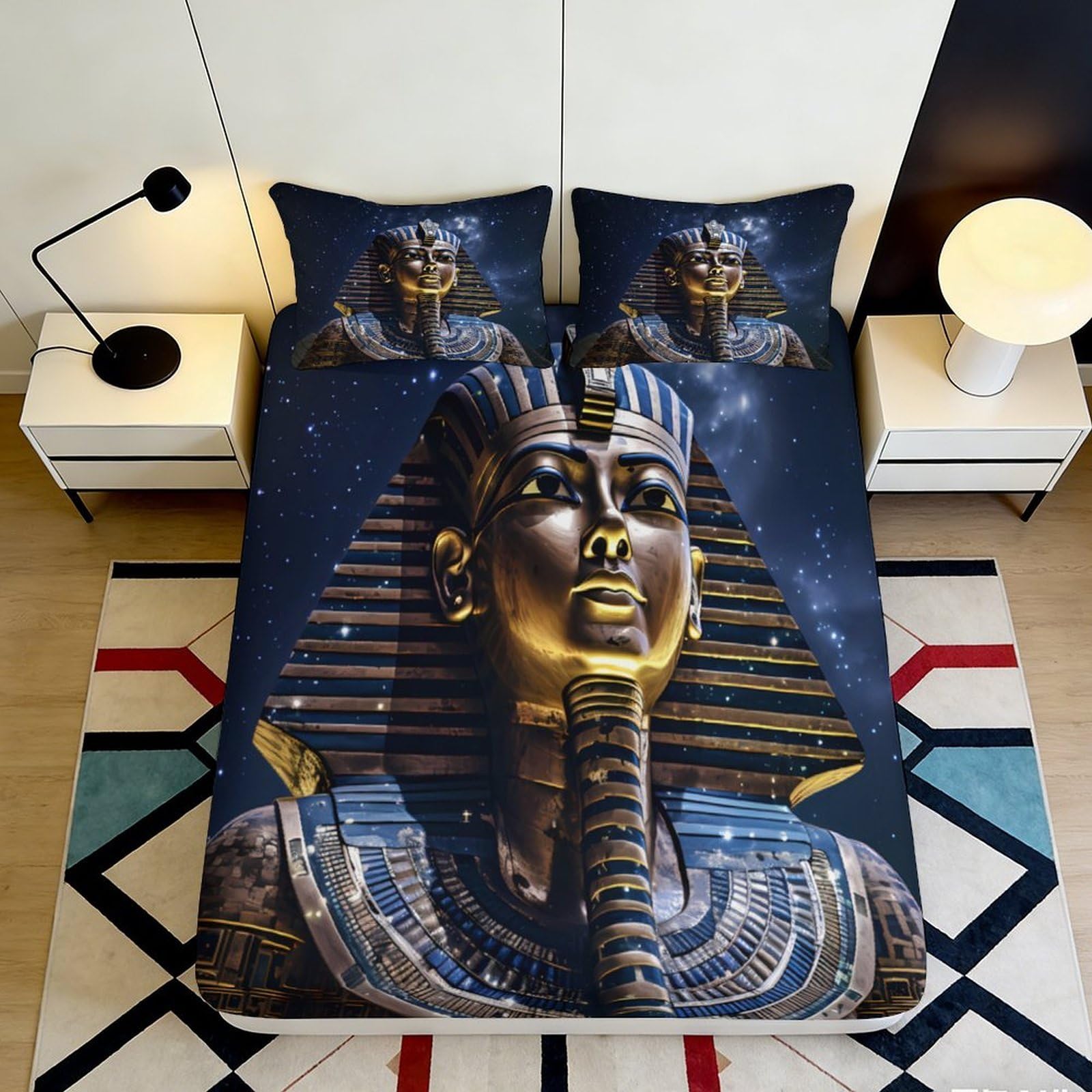 3D Printed Egyptian Pharaoh Fitted Sheet Microfiber Soft Breathable Cosmic Night Sky Mattress Cover for Bedroom Dormitory Guest Room 180x200x25cm