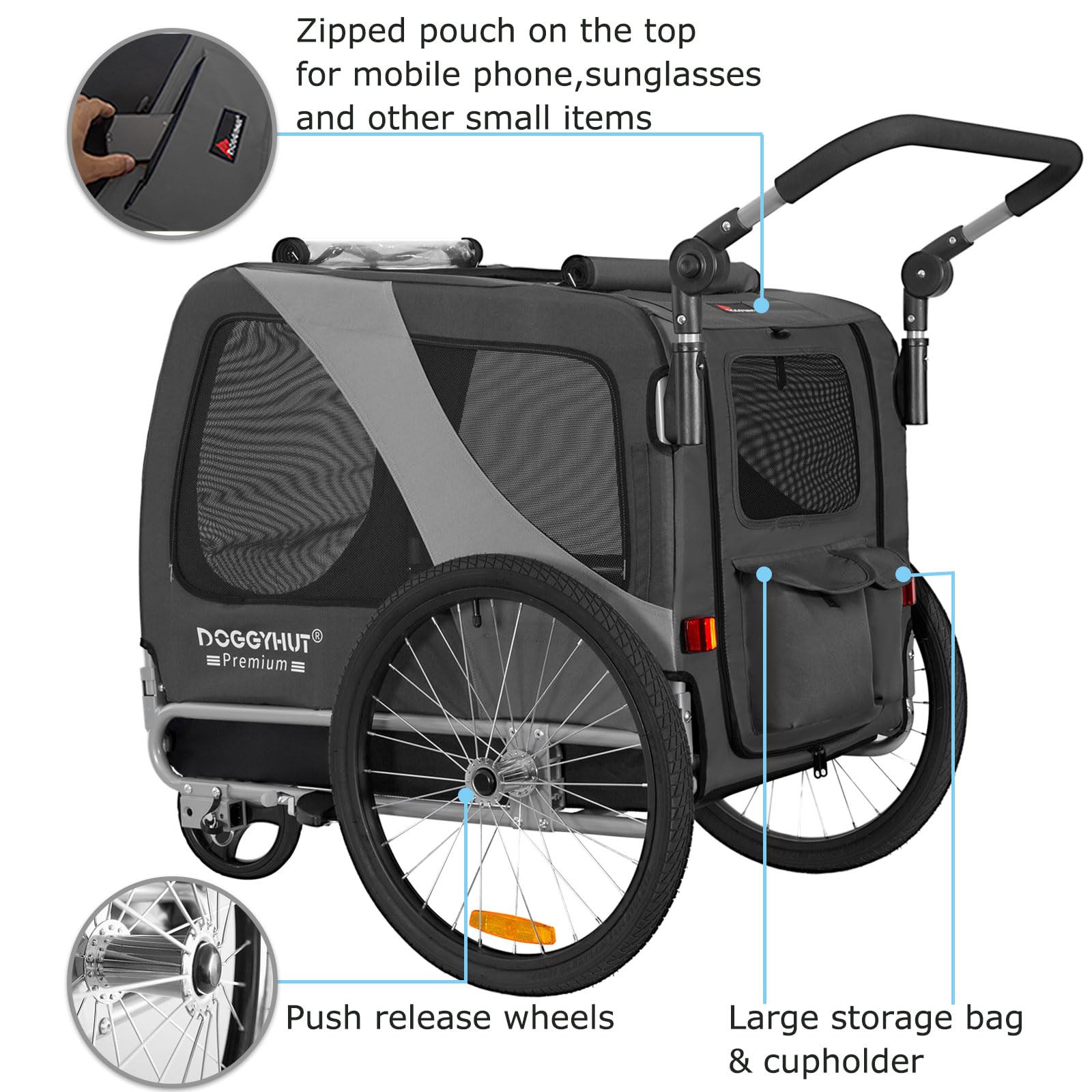 Doggyhut Premium L Remorque de Velo 2 en 1 Grande Poussette remorque Velo pour Chien de Taille Moyenne et Grande Chiens Maximum 35 kg