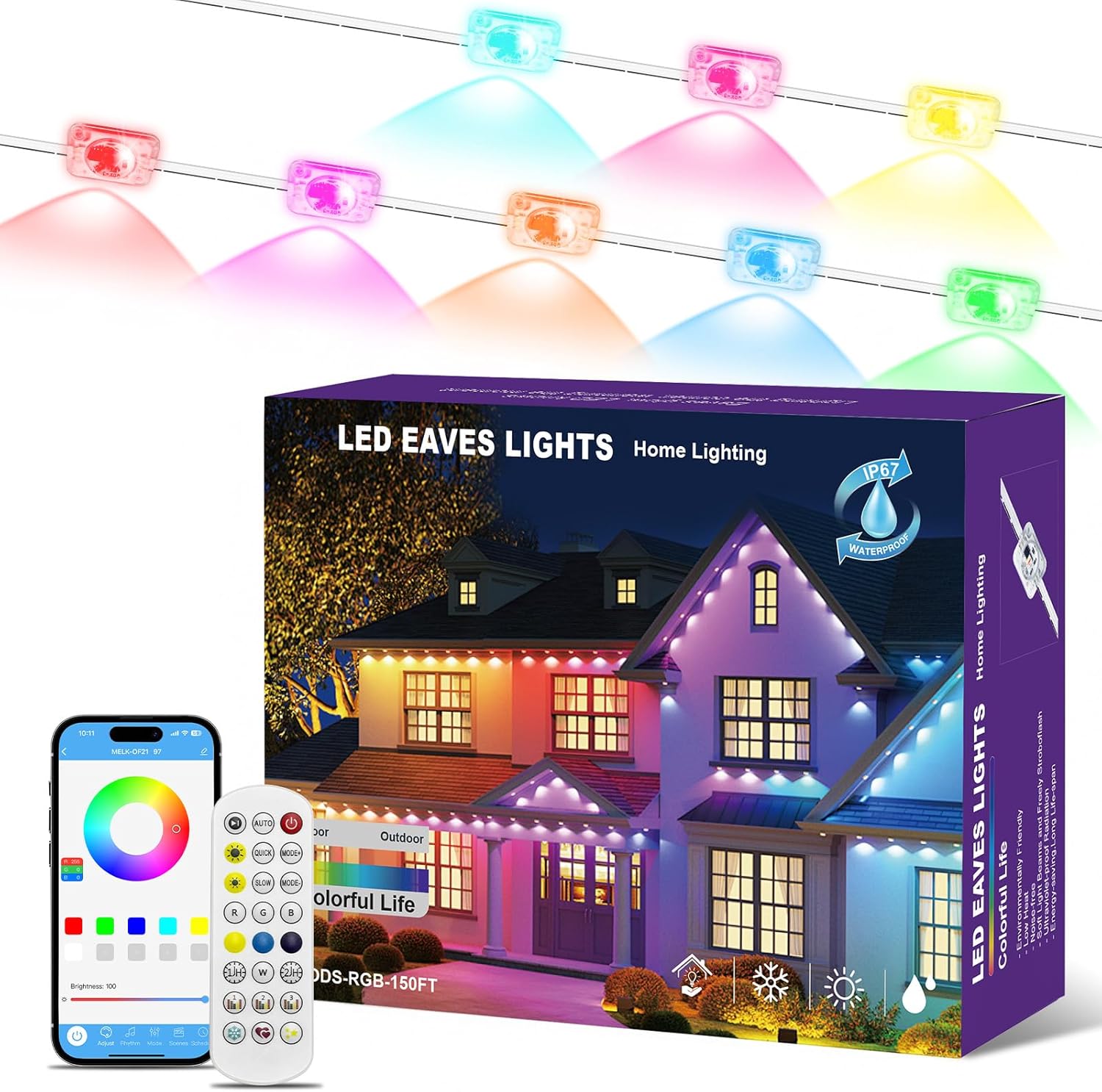 mw Permanent Outdoor Lights for House, 150ft RGB+IC Smart Outdoor Decor, 50+ Scene Modes, App/Remote Control, IP68 Waterproof, House Eave Lights for Christmas, Party Decorations