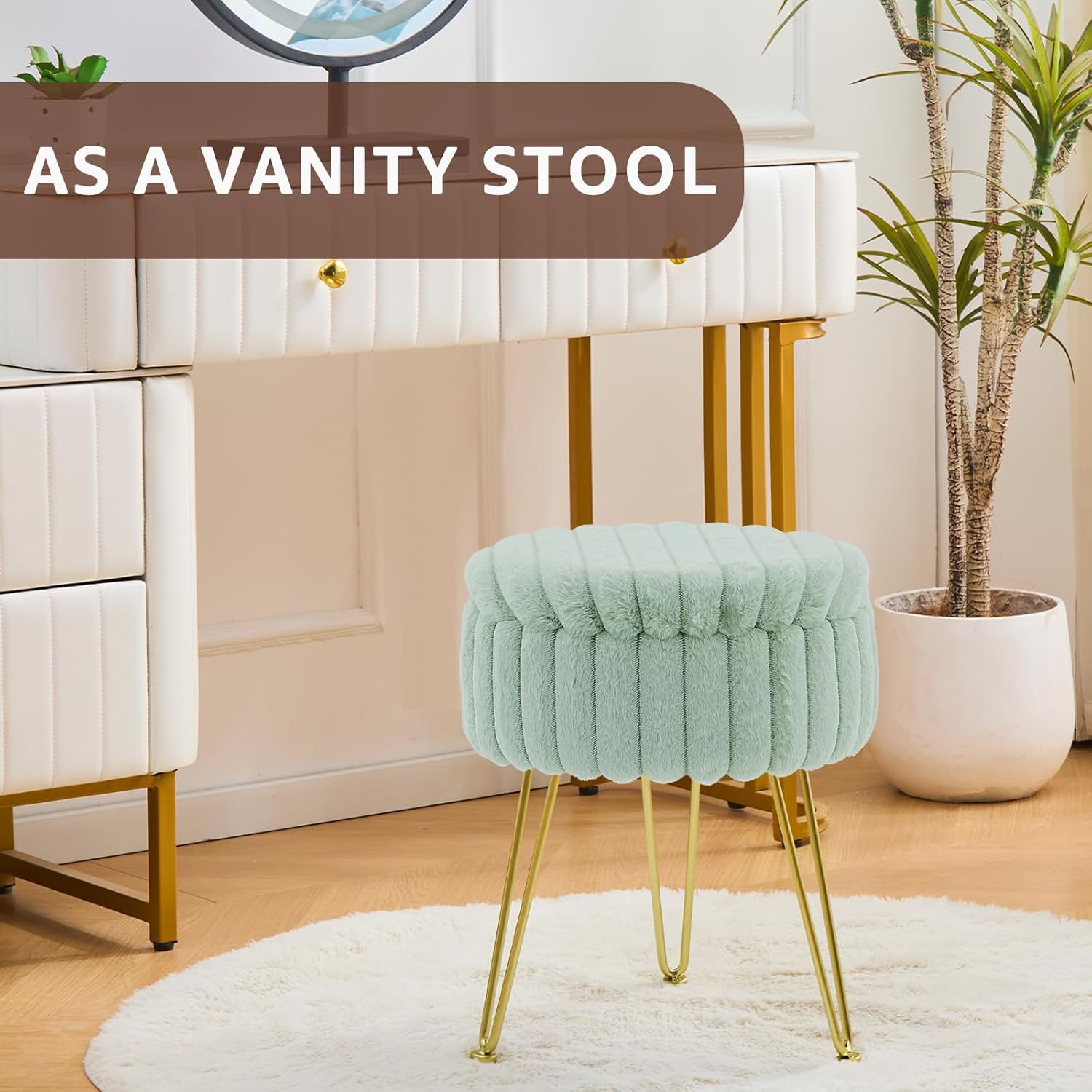 Wimarsbon Vanity Stool with Storage, Faux Fur Ottoman Chair with Metal Legs, Round Makeup Vanity Chair for Bedroom or Dressing Table, Modern Small Ottoman Seat (Green) - Image 3