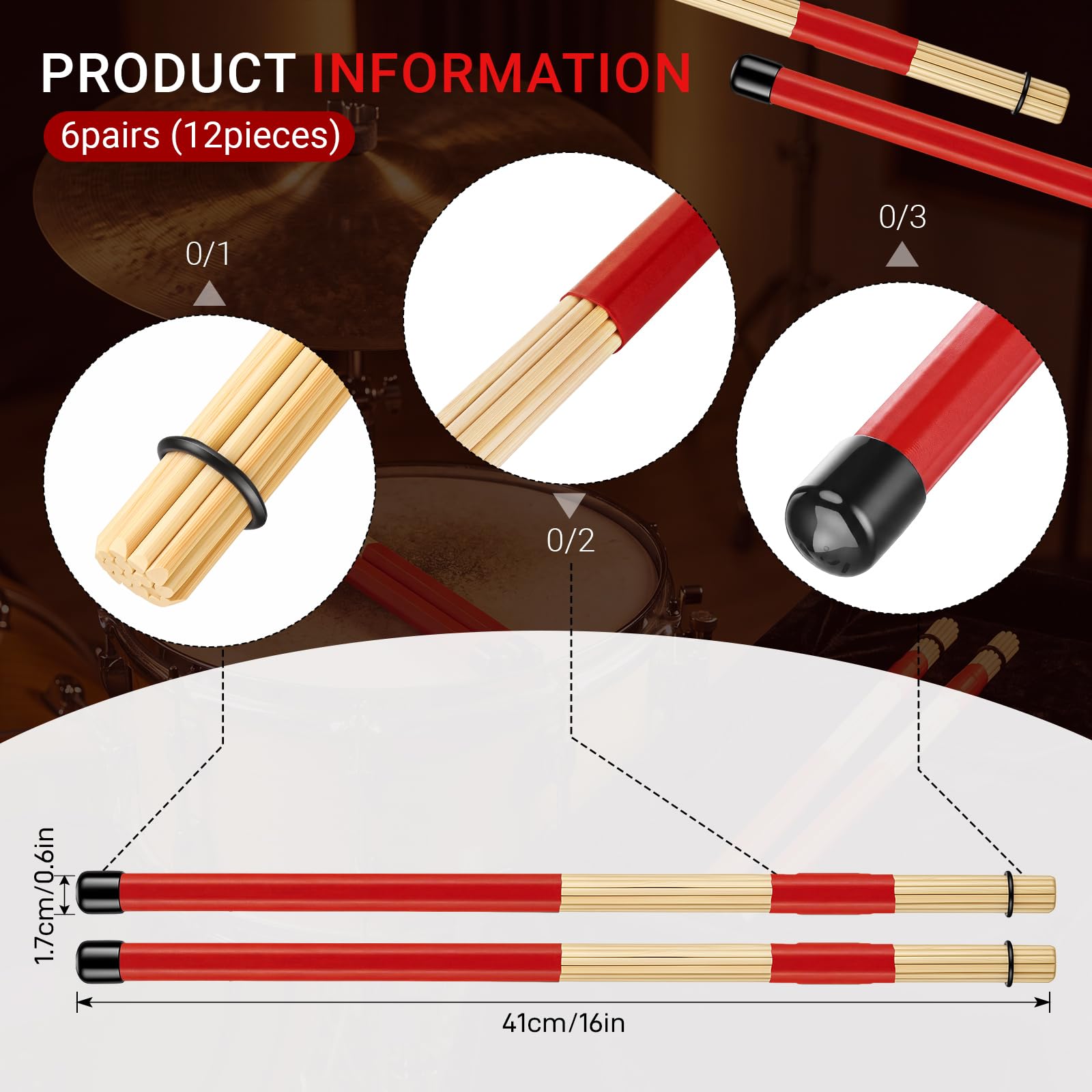 Konohan Lot de 6 paires de baguettes en bambou rouge | Rods Brosses de batterie, accessoire d'instrument de musique, performance folk jazz, débutant en musique