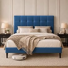 4ft6 Double Bed Frame with Velvet Upholstered Headboard, Blue