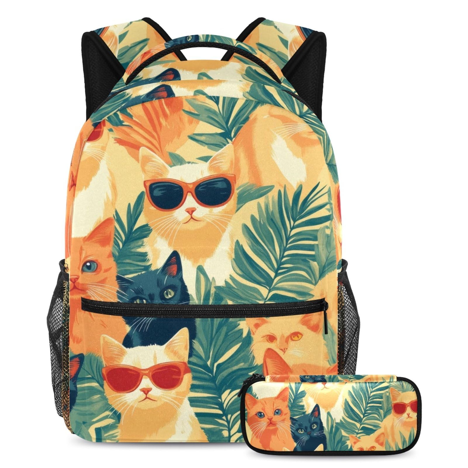 Sac à dos grande capacité garçons filles avec trousse motif chat