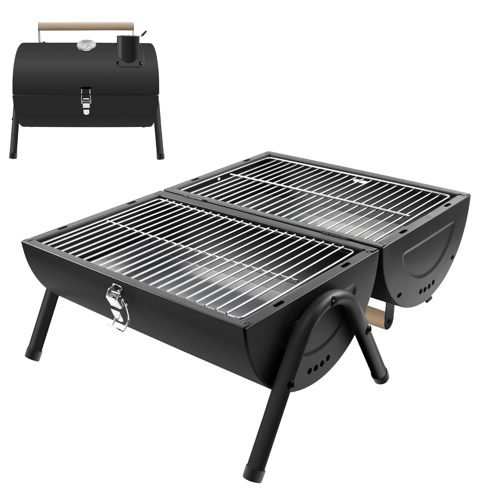 Barbecue Charbon Portable 2 en 1 Noir | avec Thermomètre, robuste, facile à transporter, pour jardin balcon voyage camping