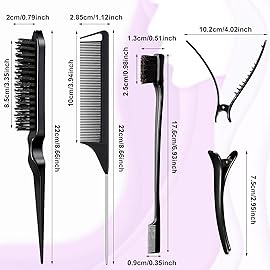 Remerry Hair Brush Set, 12 Pieces Nylon Brushes Including 3 Row Salon Teasing Brushes, Double Sided Edge Brush, Rat Tail Combs, Duckbill Clips for Women Girls - Black