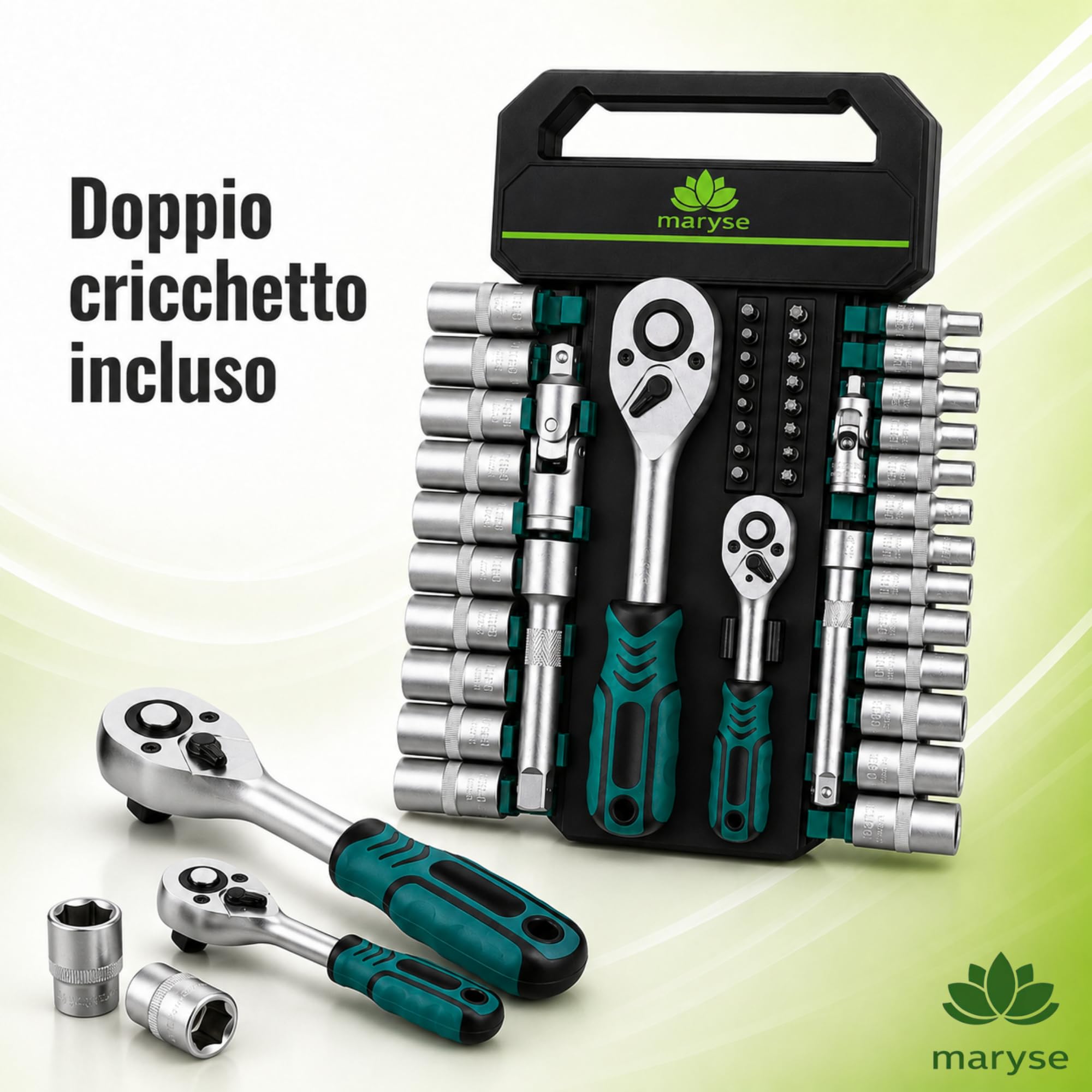 Set Chiavi a Cricchetto PROFESSIONALI 50 Pezzi 1/4" e 1/2" - Kit Cricchetto Reversibile con Chiavi a Bussola Metriche, Inserti, Prolunghe e Snodi Universali - Attrezzi per Auto, Moto, Casa e Officina