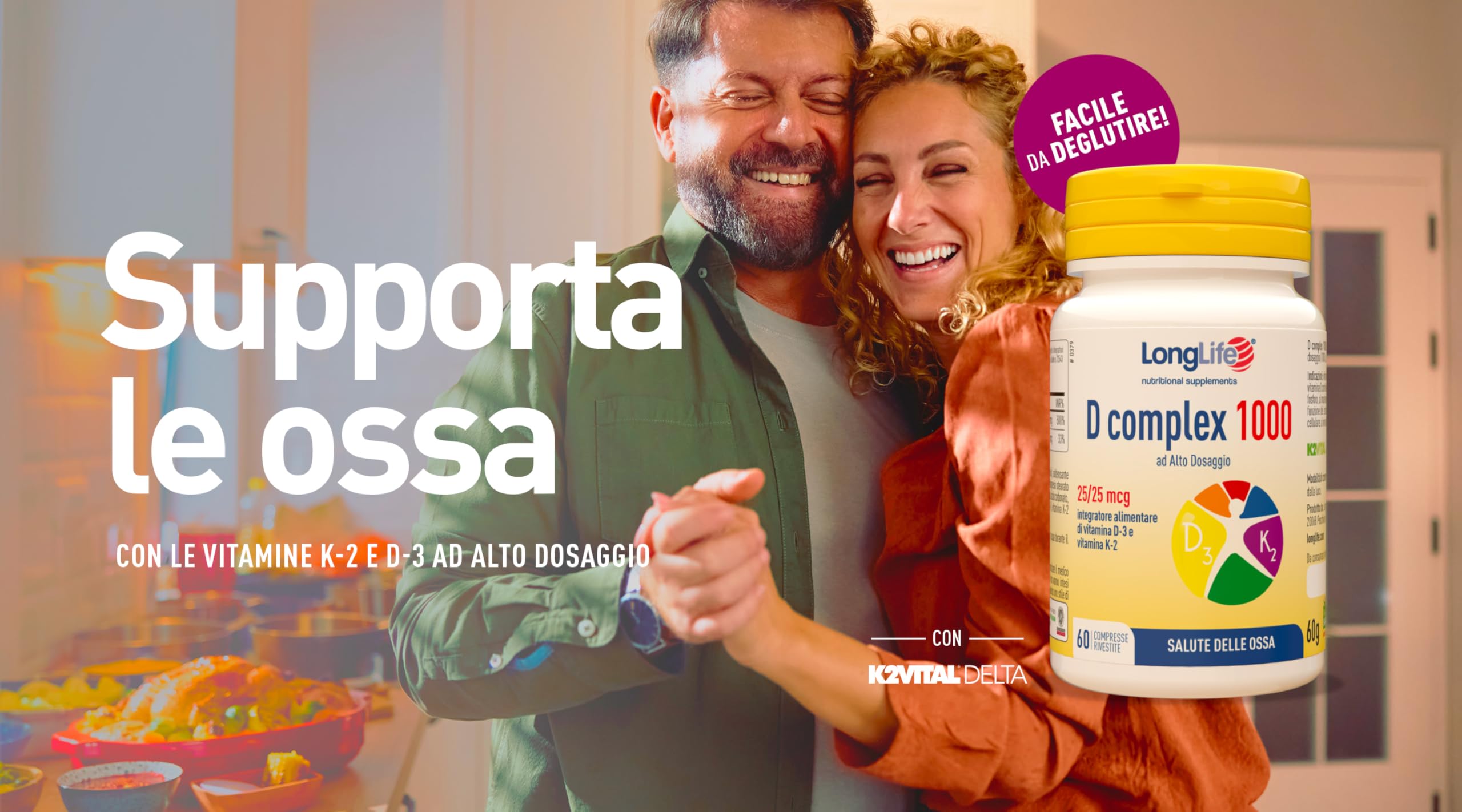 LongLife® D complex 1000 | Integratore vitamina D3 e vitamina K2 naturale | Alto dosaggio | Benessere delle ossa | Difese immunitarie | Fino a 2 mesi di trattamento | Senza glutine e doping free
