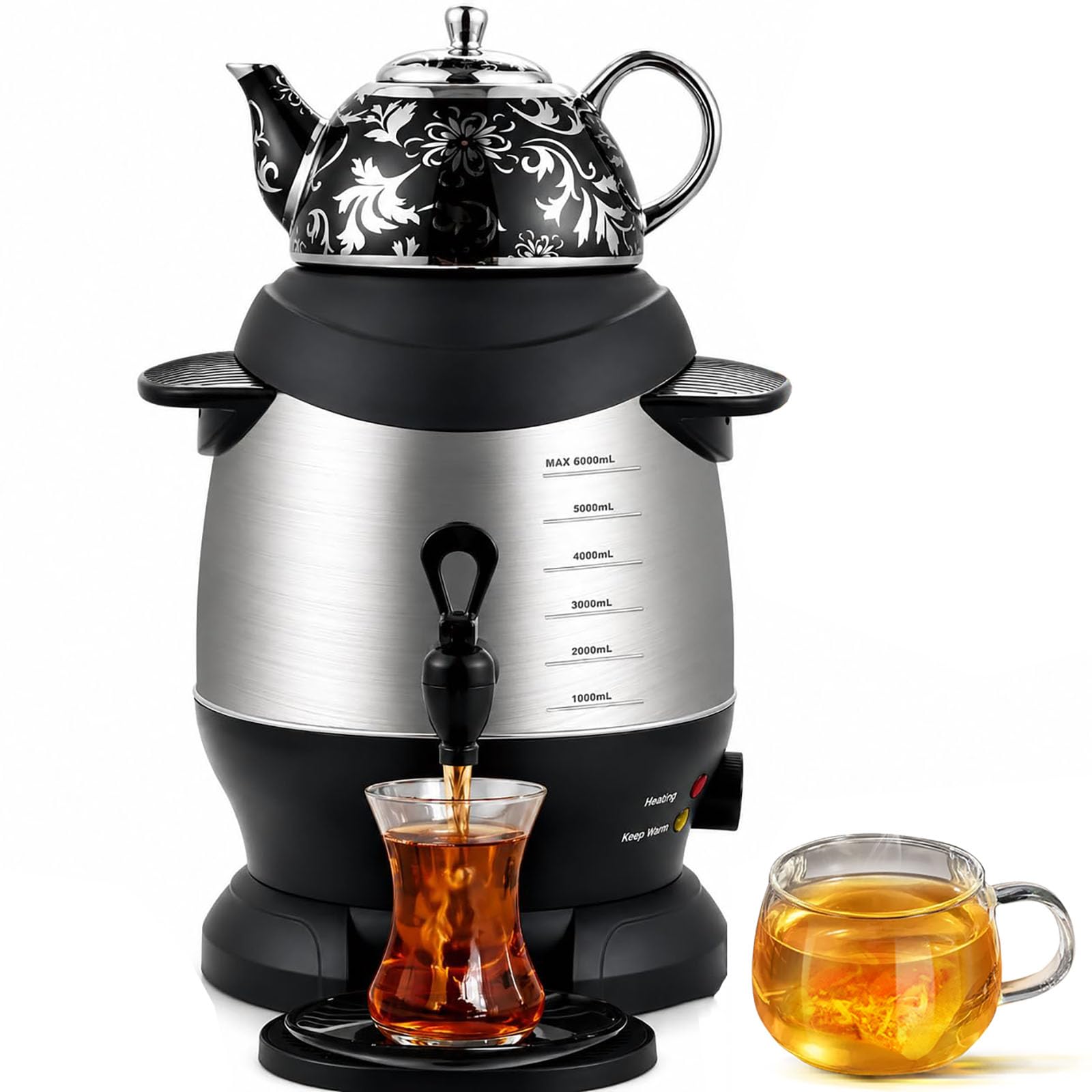 Turecki zaparzacz do herbaty, elektryczny turecki samowar 1800 W, ze stali nierdzewnej 5 l i ceramicznym czajnikiem 1 l, funkcja utrzymywania ciepła, do kawy, herbaty zapachowej, tureckiej herbaty