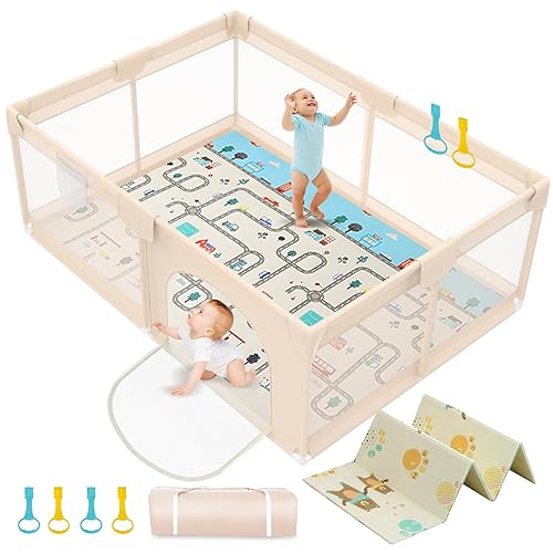 Corralito para bebés con tapete de 79 x 71 pulgadas, corralito extra grande para bebés y niños pequeños para interiores y exteriores, con cubierta