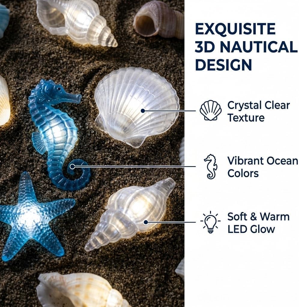 Ocean String Lights,Nautical Theme Beach Decor Fairy Lights with Seashell Seahorse Starfish, Conch,20 LED Battery Operated String Lights for Bedroom, Party, Wedding, Garden, Decoration(6.5FT)