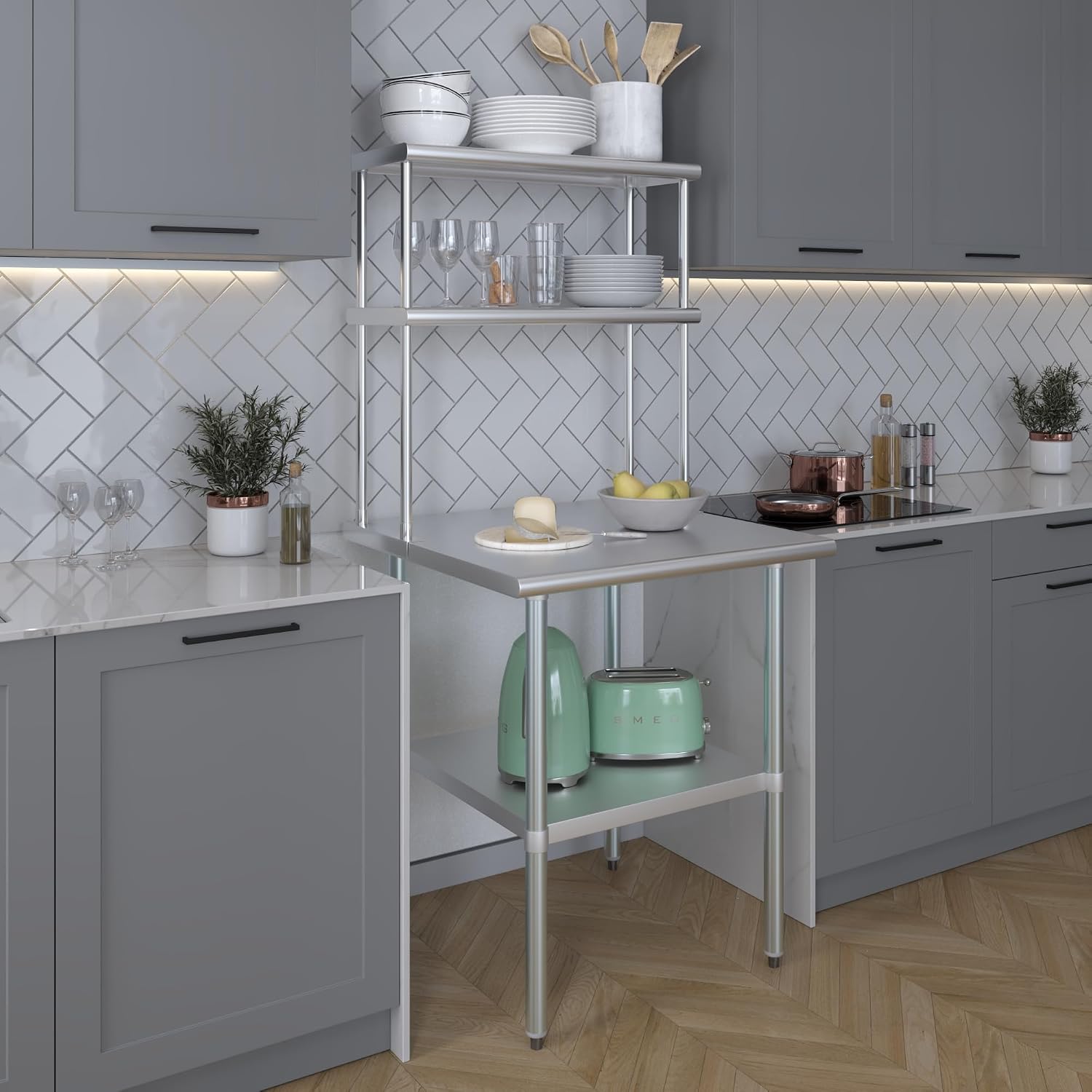 AmGood Stainless Steel Work Table with 12" Wide Double Tier Overshelf | Metal Kitchen Prep Table & Shelving Combo | NSF (Stainless Steel Table with Double Overshelves, 30" Long x 30" Deep)