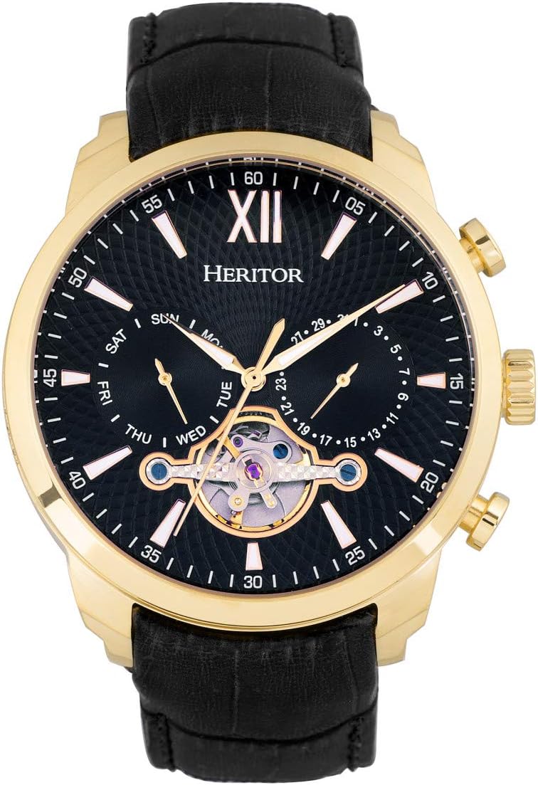 Arthur Automatic Watch for Men โ 45mm Men's Semi Skeleton Watch with Jeweled Automatic Movement, 316L Stainless Steel Case, Genuine Leather Strap (HERHR7901)