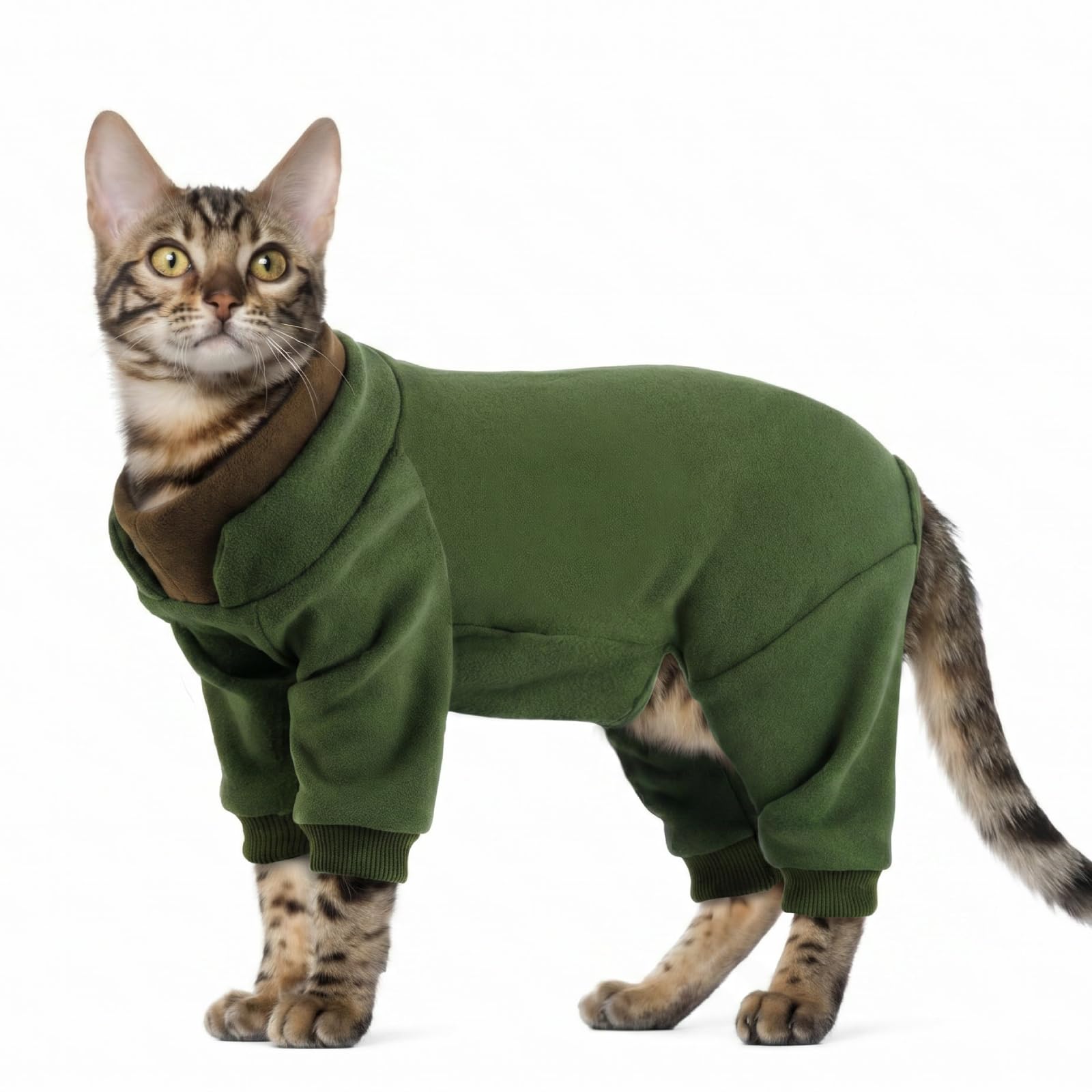 Cat Onesie Post Surgery Legs | Open-Belly Cat Body Suit for Overgrooming & Skin Allergies | Easy Toilet Access | Soft Fleece Anti-Licking Suit for Shaved Cats (Army Green M) โ image 1