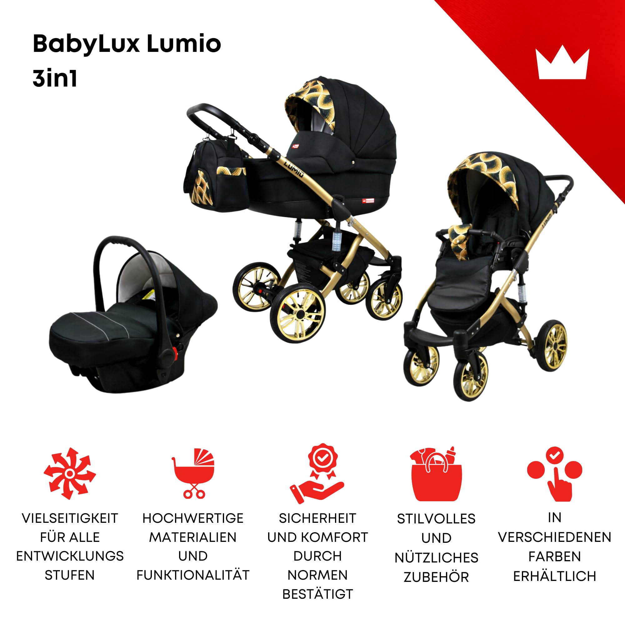 BabyLux® Kinderwagen Set 3 in 1 - Lumio - incl. Babywanne, Buggy Sportsitz, Auto-Babyschale - Autositz - Kinderwagenset - Kombikinderwagen mit Wickeltasche, Regenschutz usw.