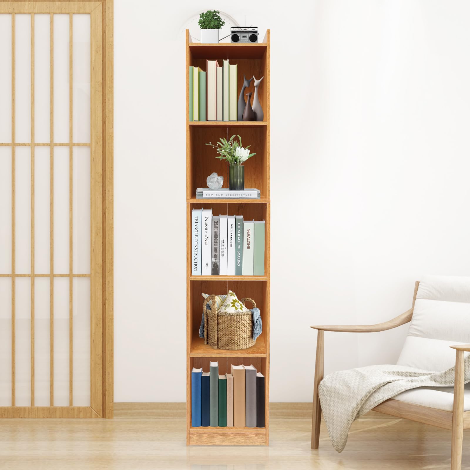Bücherregal mit 5 Fächern, Standregal Weiß, Würfelregal, freistehendes Regal, Büroregal Aktenregal aus Holzwerkstoff, 30 * 24 * 152cm (Eiche)