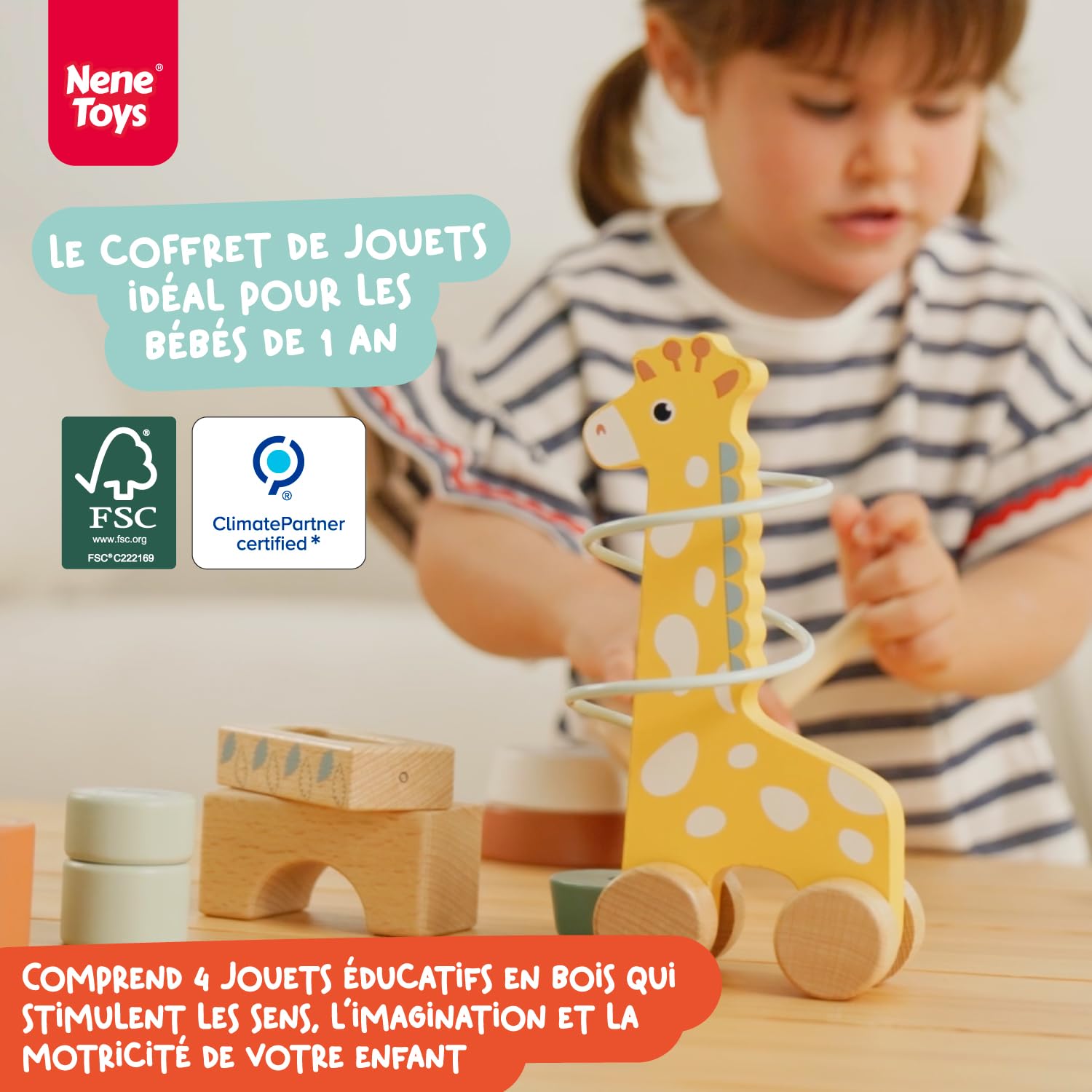 Nene Toys Jouet Bébé 1 an – Jouet Montessori en Bois 4-en-1 avec Blocs Sensoriels, Pluie Musicale, Labyrinthe Girafe & Anneaux à Empiler – Jeu Sensoriel Cadeau Éducatif pour Fille & Garçon 12 Mois+