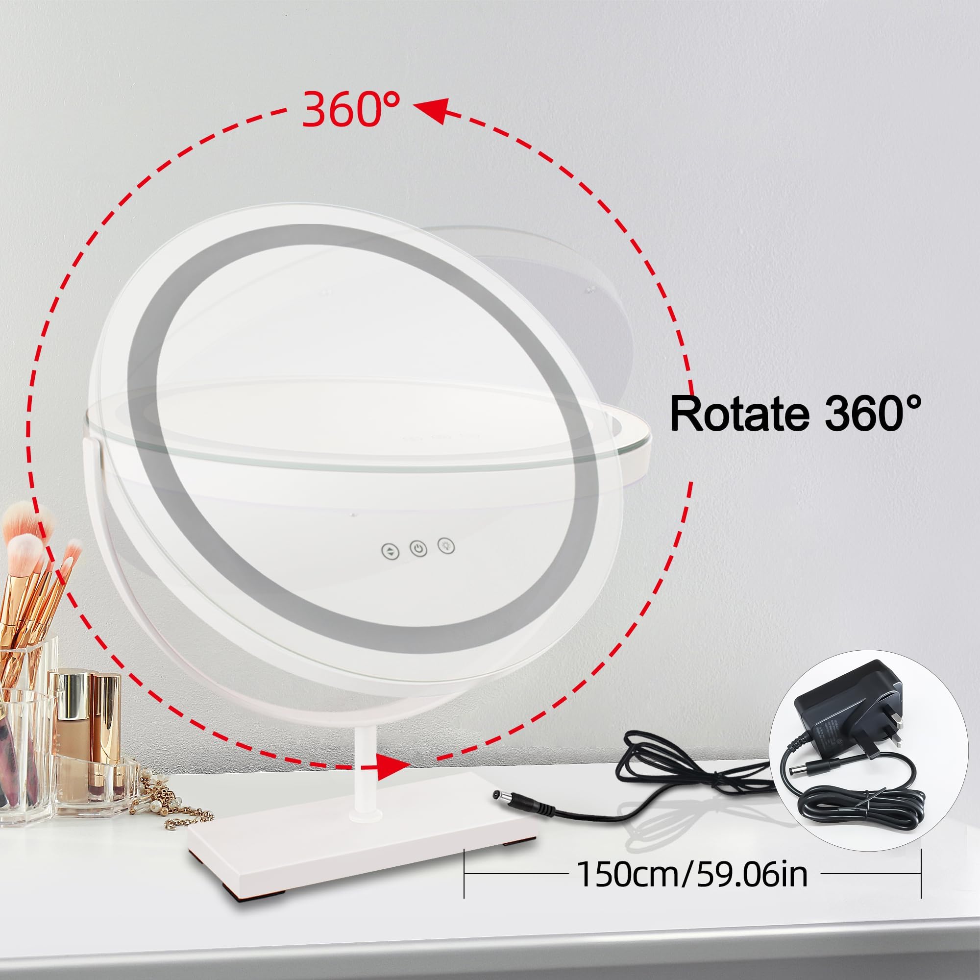 MantoLite Espejo de Maquillaje Redondo LED Iluminado 40 cm Blanco Táctil | Espejo de maquillaje grande giratorio 360° con luces, espejo de mesa regulable con 3 modos de iluminación.