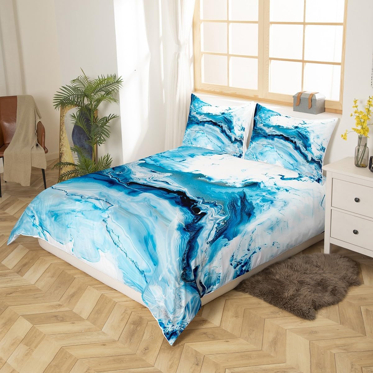 Blue Marble Duvet Cover King Size Modern Simple Abstract Theme Soft Microfiber Bedding Set with Zipper Ties Tie-Dye Style Comforter Cover Set for Adult Women Girls,1 Duvet Cover with 2 Pillow Cases