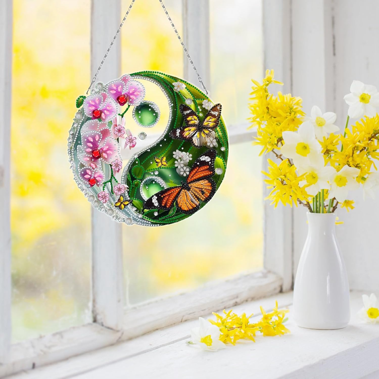 DoxQcs DIY Diamond Art Painting Wreath Kits Special Shaped Rhinestone Round Window Hanging Pendants Decorations (Double-Sided Pattern Single-Sided Dot Diamond)-2PCS-1