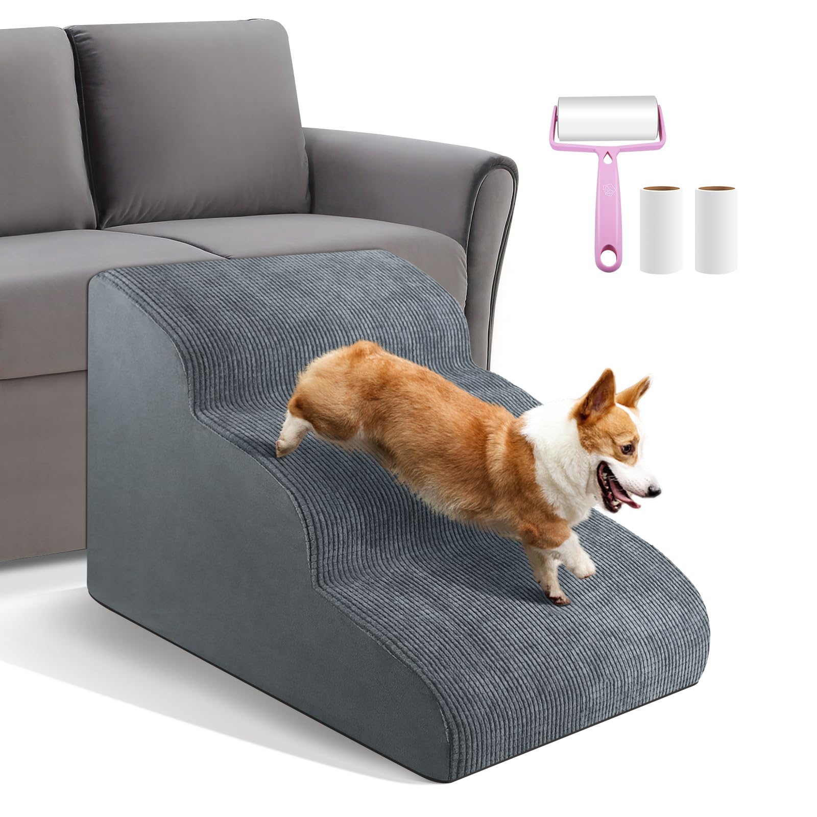 Dog Stairs 3 Steps for Small Dogs Cats Grey, Dog Steps Pet Ramp Ladder for Sofa Bed Non-Slip Foam with Removable Washable Cover, Send Lint Sticky Roller Set