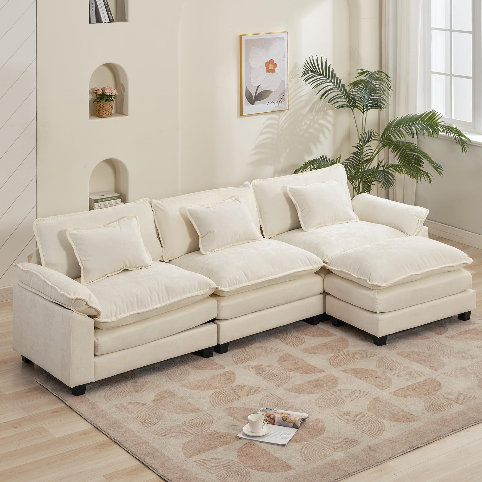 120" Modern Deep ( incomplete ) ( 3 Boxes Only ) Cloud Couch Sectional with Ottoman, Chenille Sleeper Sofa Comfy Upholstered Couches for Living Room/Bedroom/Apartment/Office, Pillows Includes (Beige White)