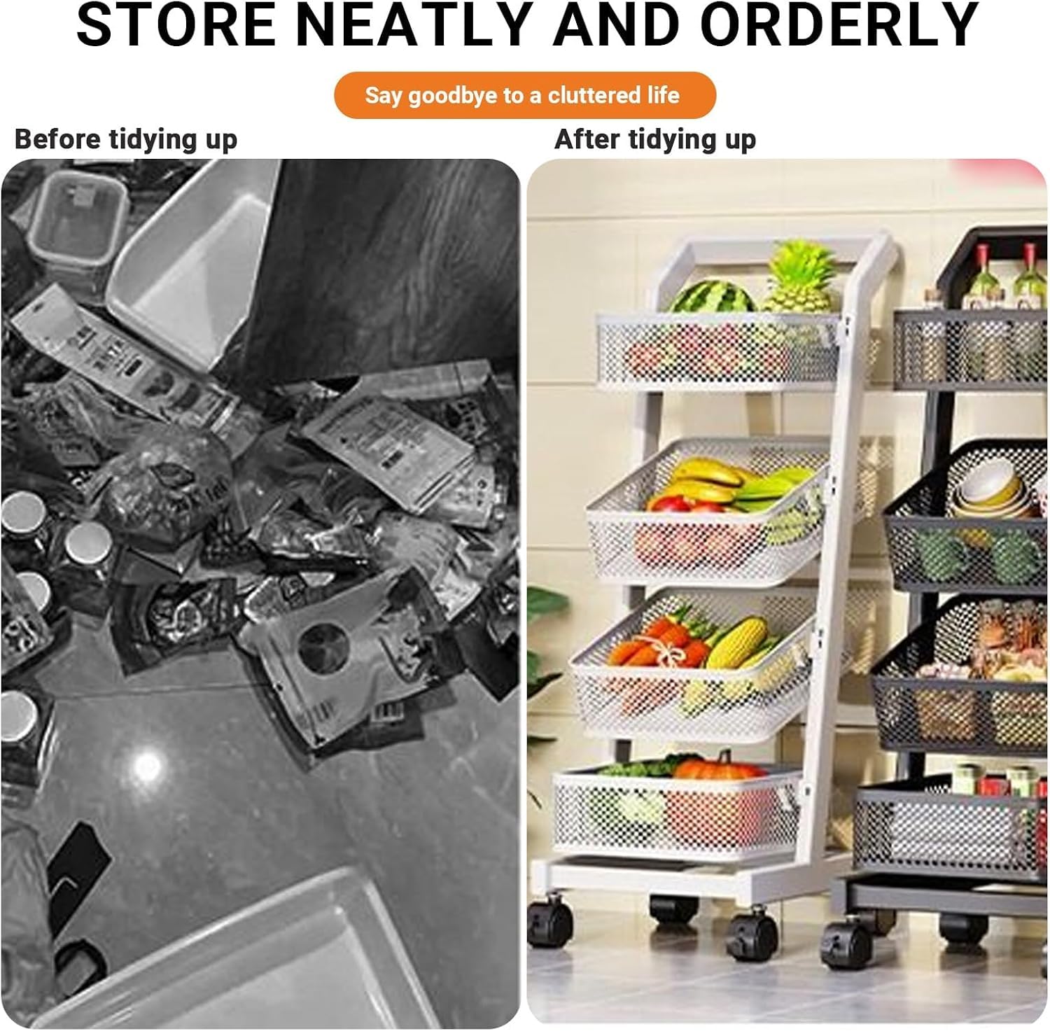 KEhtu Estantería Móvil Multinivel para Frutas Y Verduras con Ruedas, Organizador De Aperitivos De Pie con Cestas, Carrito Rodante De Supermercado con Estantes para White 3-Tier-35.5x40.5x96cm