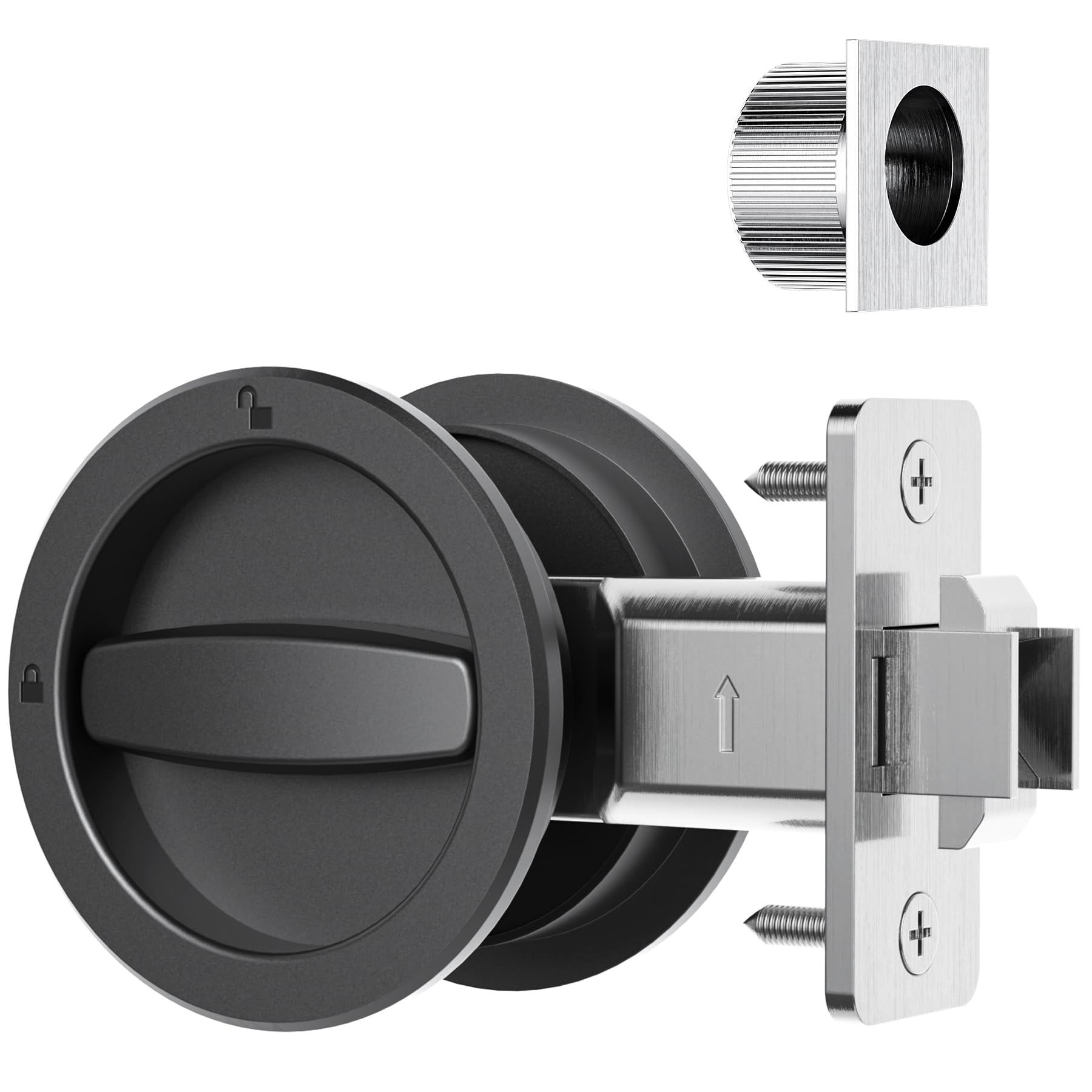 AST Round Pocket Door Lock with Edge Pull, Sturdy Privacy Bifold and Cavity Sliding Door Lock with Flush Pull, Replacement Hardware with Latch, Made of Zinc Alloy, Matte Black