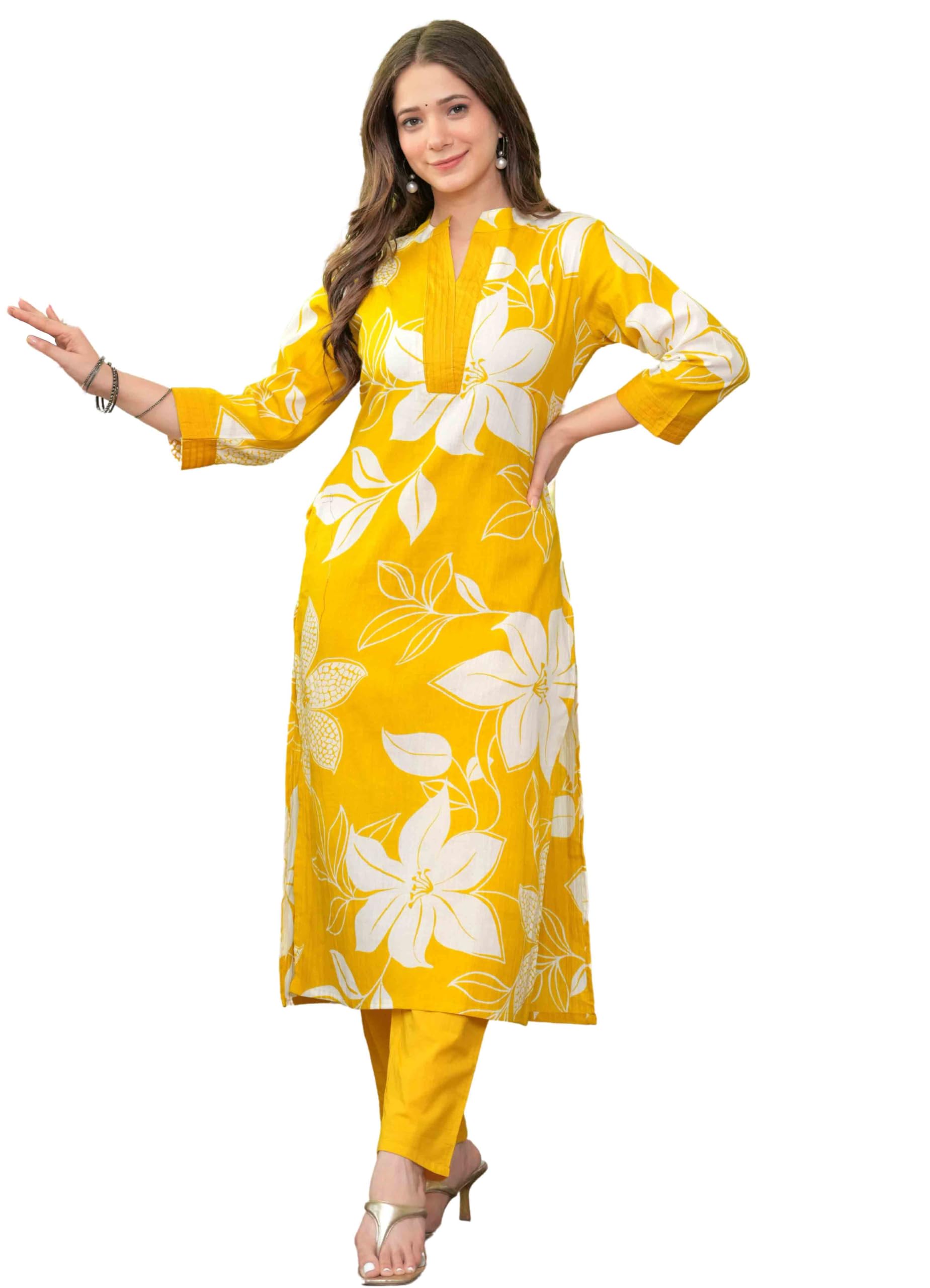 Rytras Women's Pure Cotton Printed Ethnic Wear Straight Kurta Set With Palazzo Pants(Ryt637,Yellow,S)