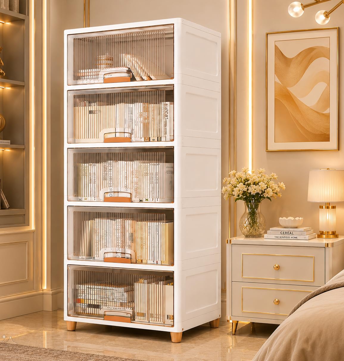 EXVITO 5 Tier Foldable Wardrobe for Bedroom Clothes Storage Cabinet | Collapsible Plastic Almirah Organizer with Magnetic Doors & Wheels | Stackable Cupboard for Clothes Storage - Beige