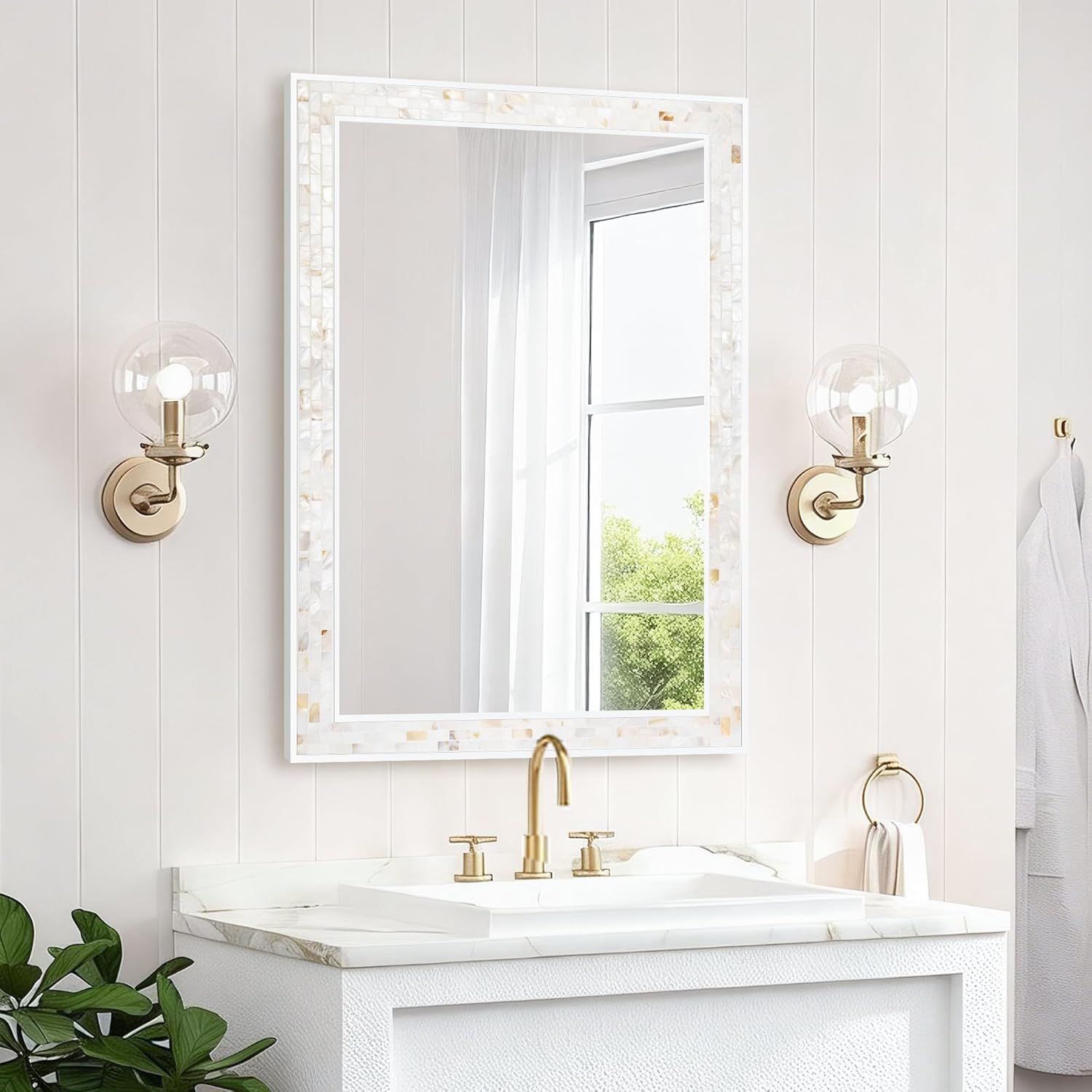 Mosaic Mirrors for Wall 20x28 Inch, Natural Mother of Pearl Inlay White Framed Rectangle Mirror for Bathroom, Bedroom or Entryway