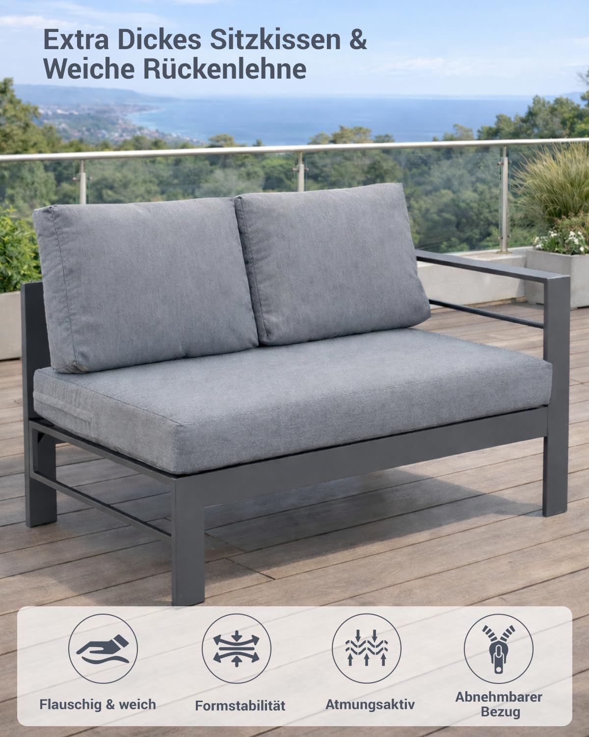 Atenza Gartenlounge wetterfest, Ecksofa 6-8 Personen mit Tisch, Grau | Rostfreies Aluminium, WPC-Tischplatte, 12 cm Kissen, waschbare Bezüge, Sitzbank, Terrasse & Garten