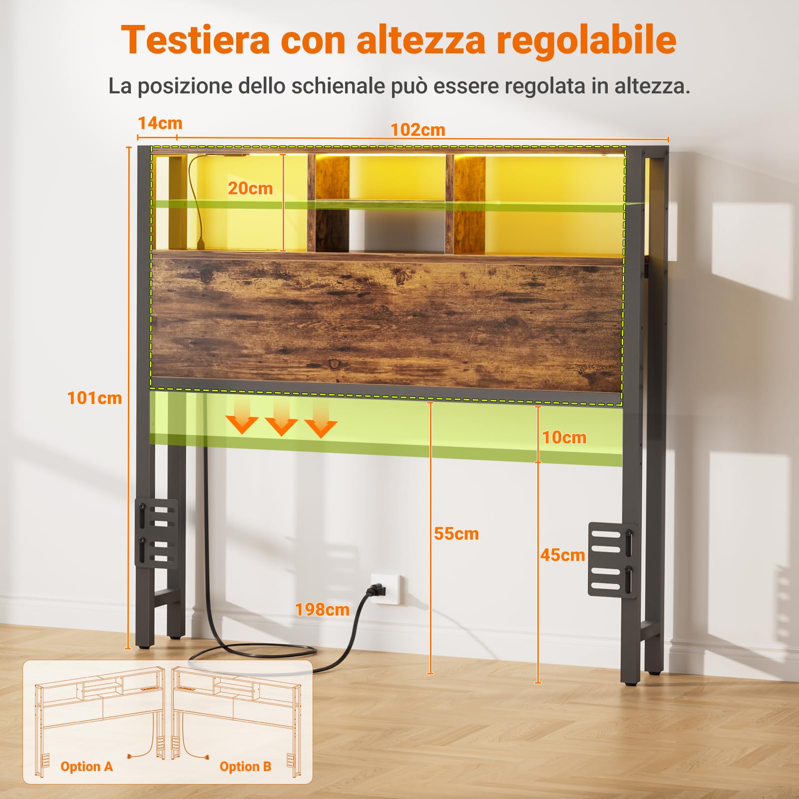 iSunirm Testiera per letto ripiani portaoggetti da 102 cm, testiera con prese di corrente, porte USB e Pype C, luce a LED, solo testiera, regolabile in altezza, reversibile, marrone